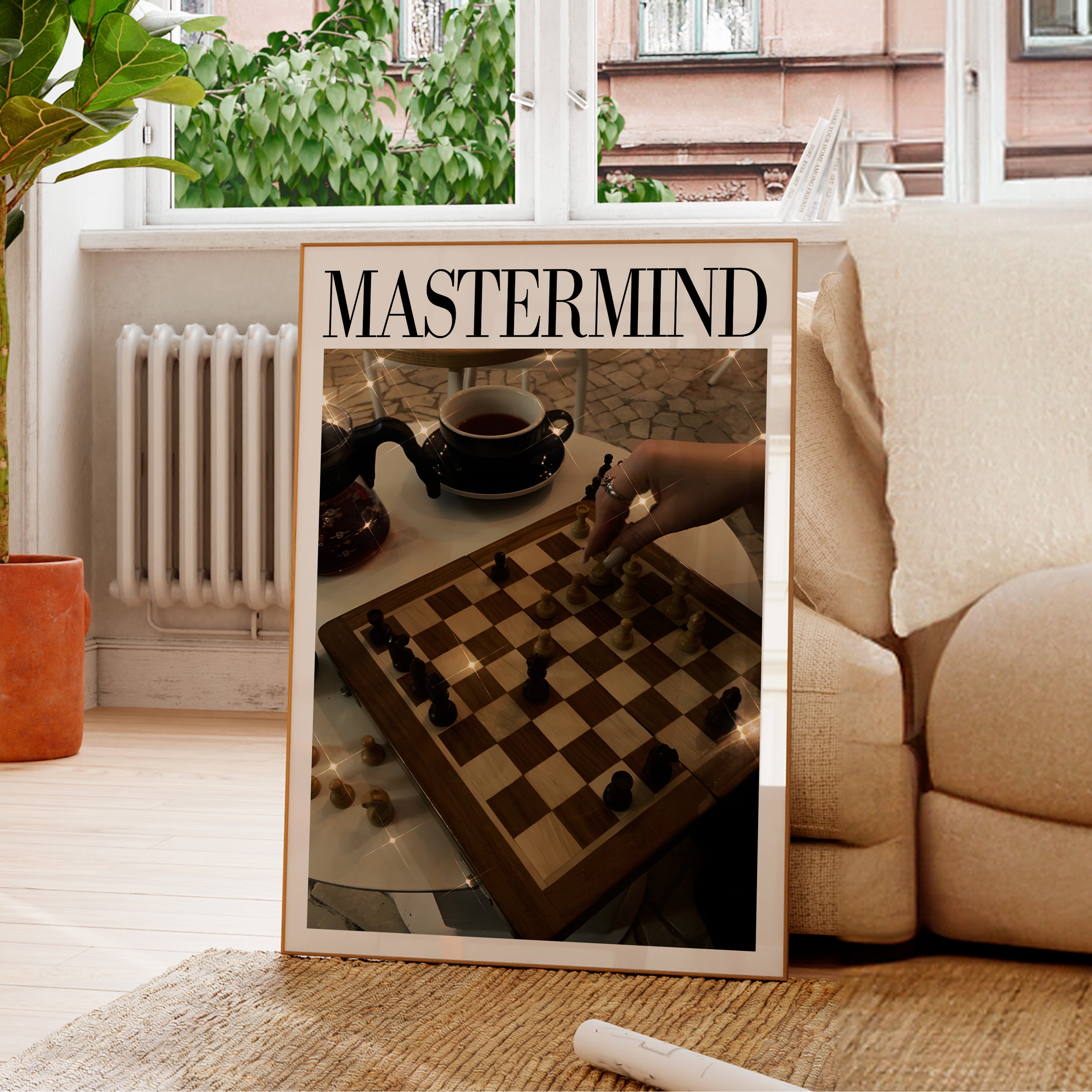 Mastermind Midnights chess poster displayed in feminine dorm room gallery wall