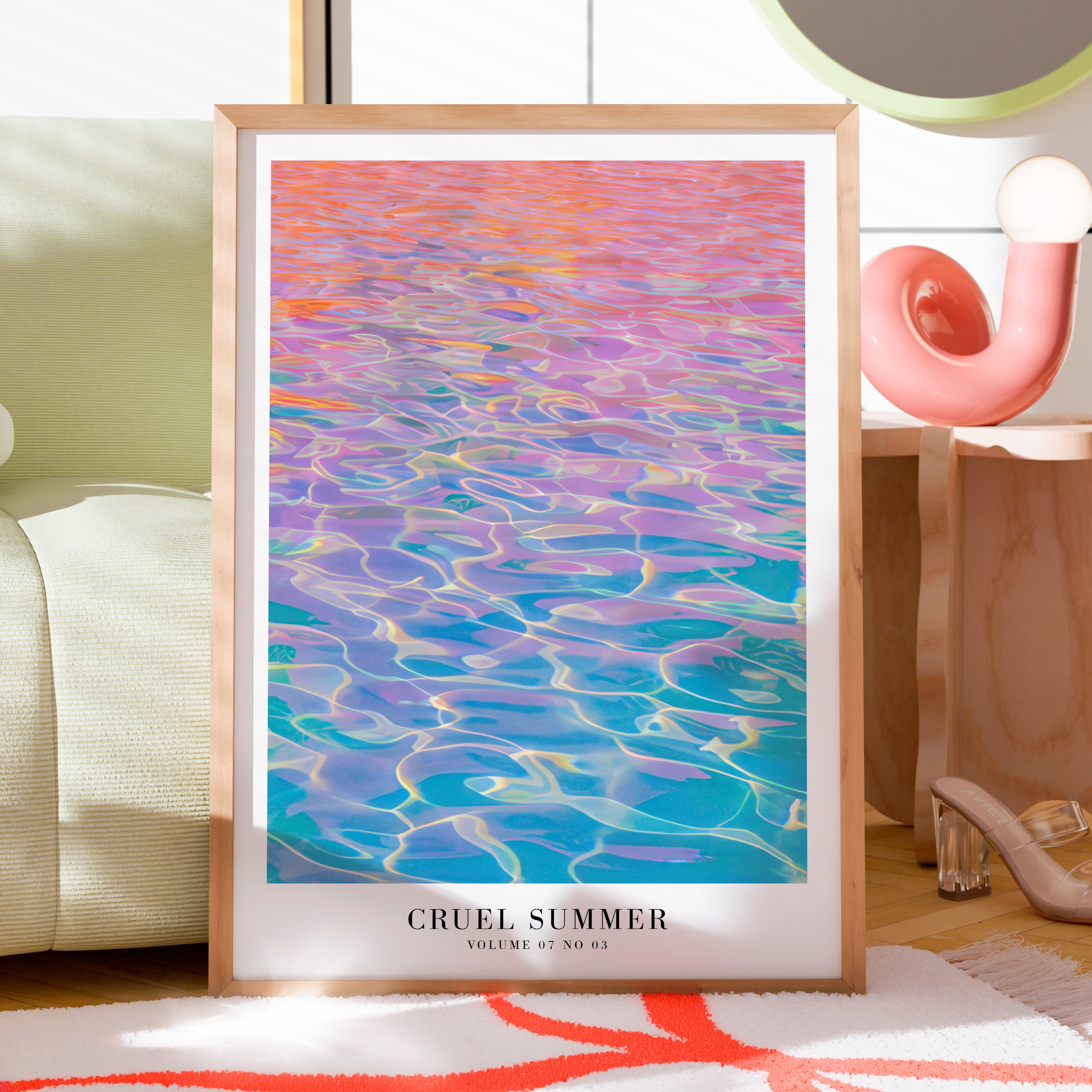 Cruel Summer pastel pool print in glowing summer bedroom decor