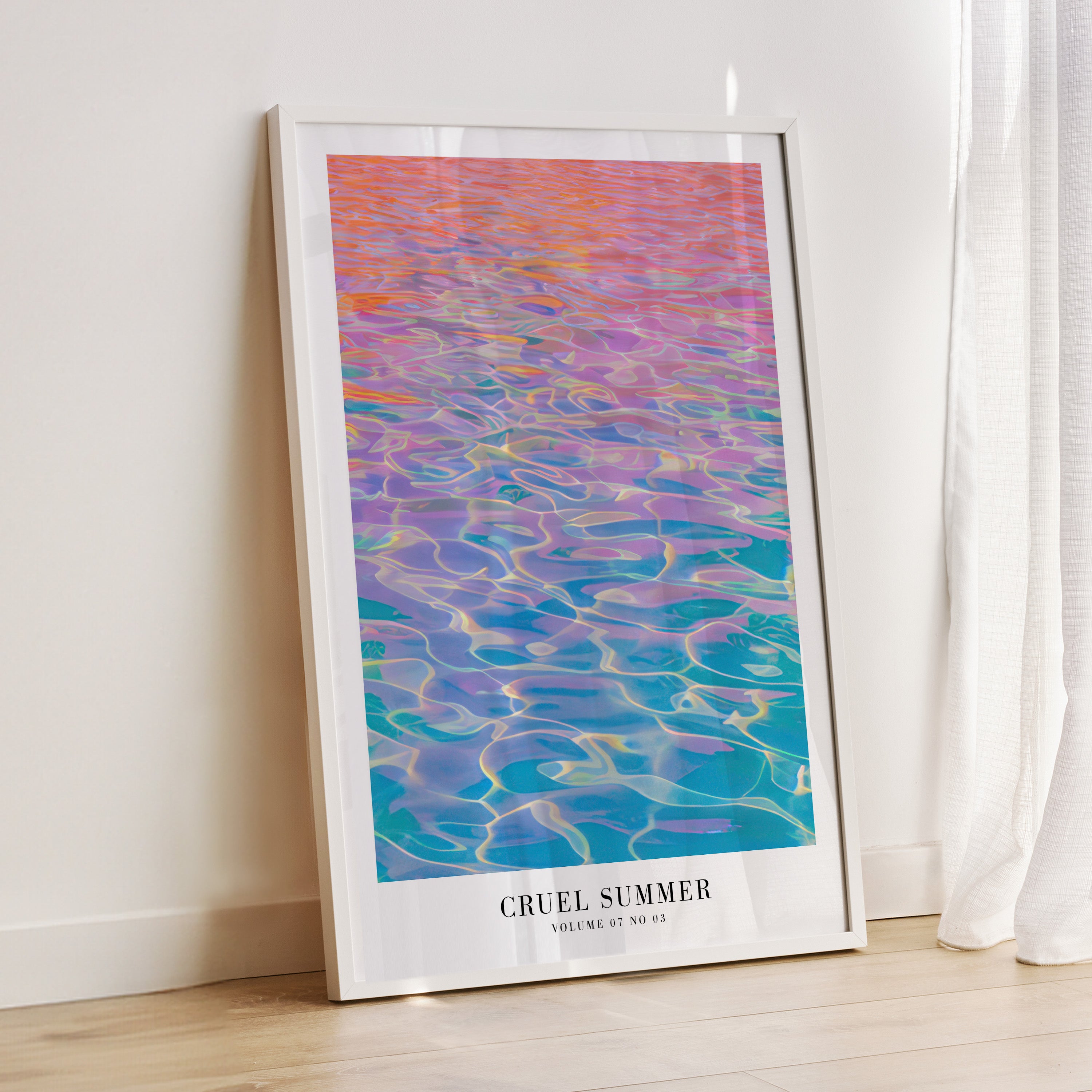 Cruel Summer Lover-era poster in dreamy rainbow pool aesthetic interior