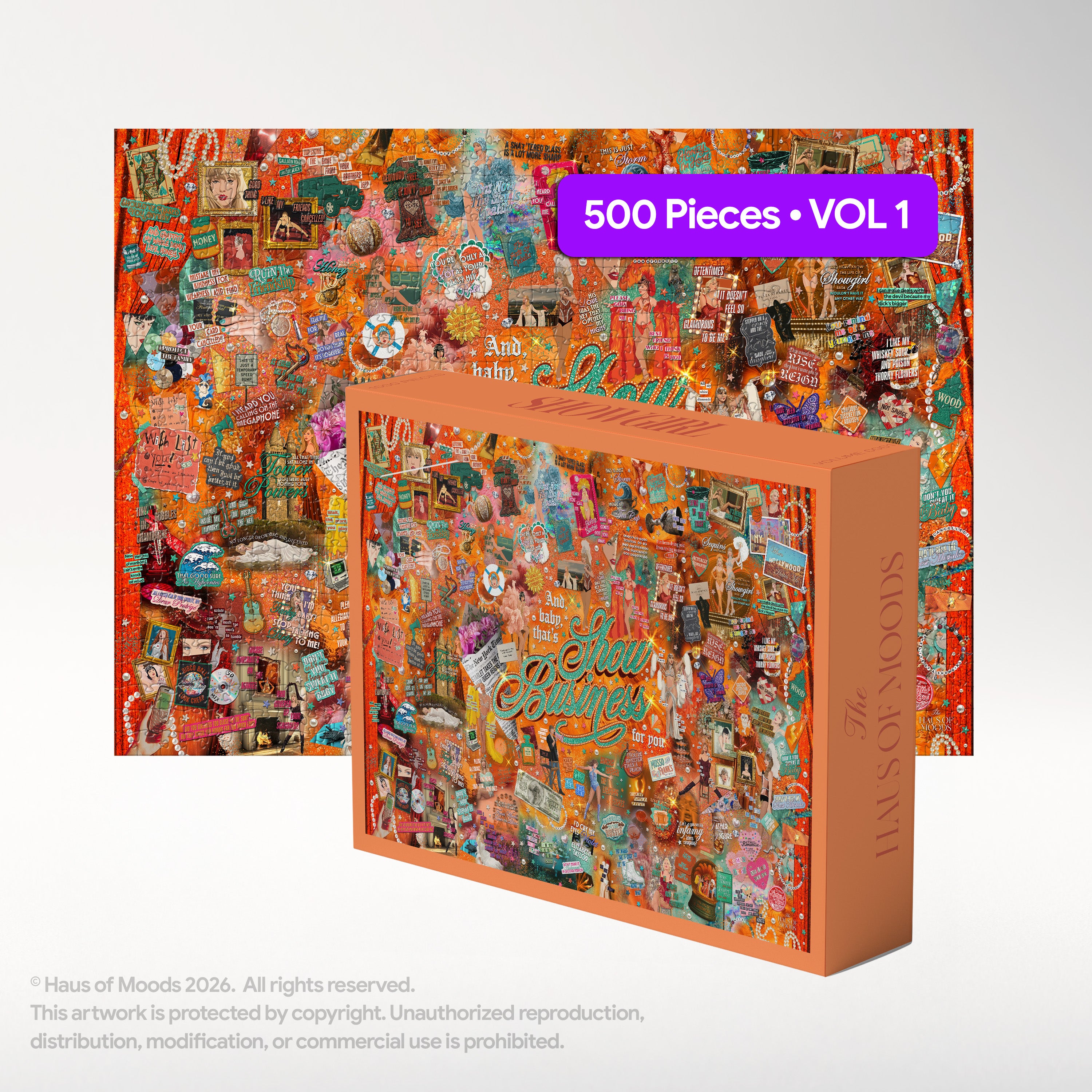 Haus Of Moods Showgirl Lyrics & Easter Eggs 500-piece puzzle featuring colorful artwork and hidden details in the design.