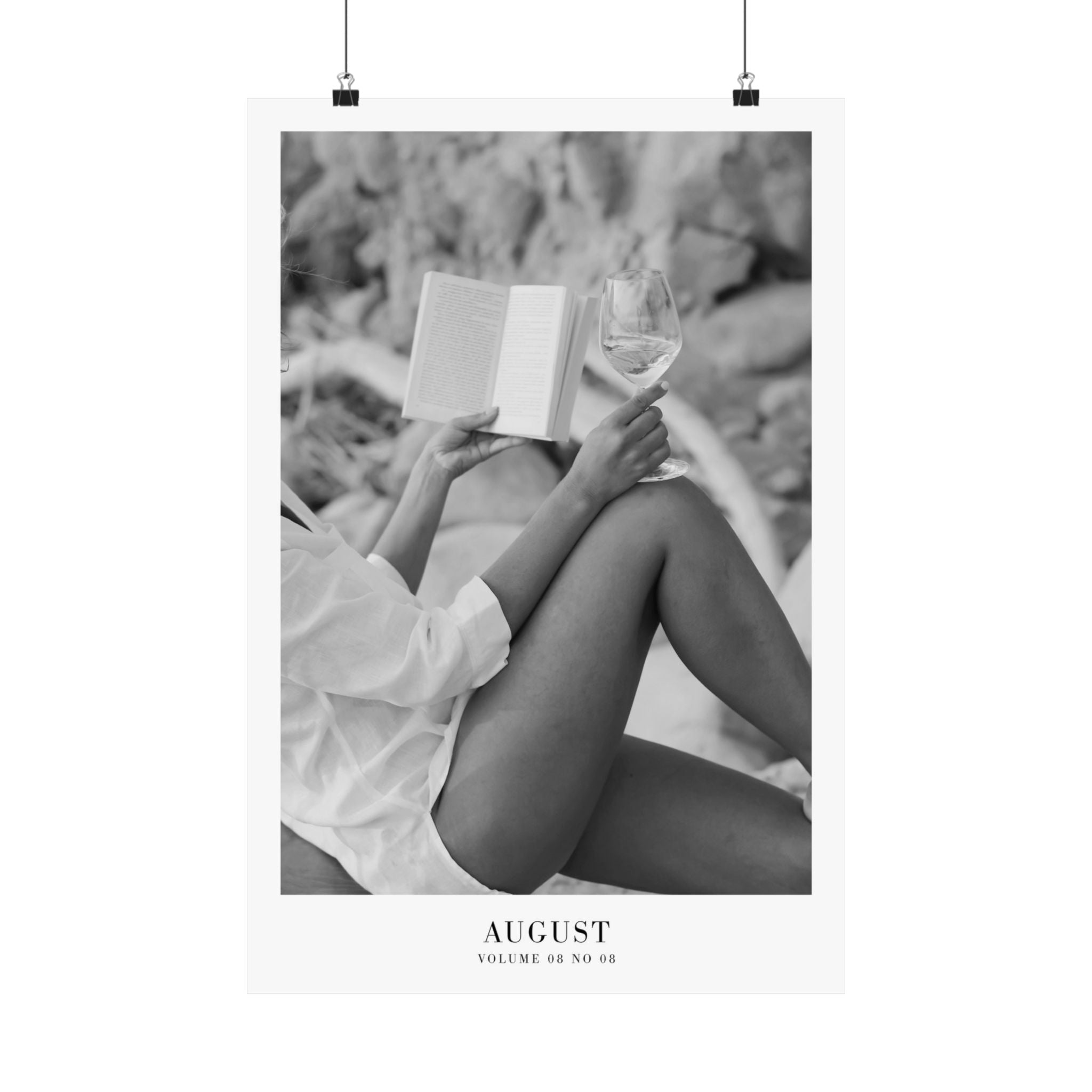 August Folklore black and white poster styled in a cottagecore reading nook