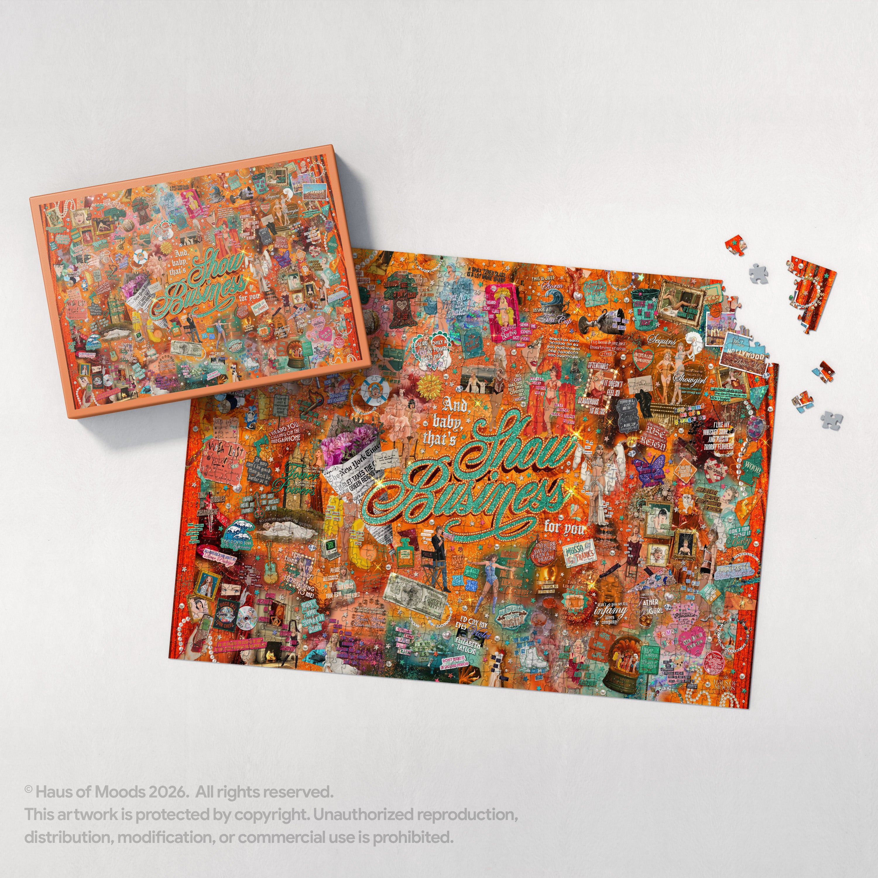 Haus Of Moods Showgirl Lyrics & Easter Eggs puzzle box with colorful artwork and puzzle pieces inside, designed for entertainment and challenge.
