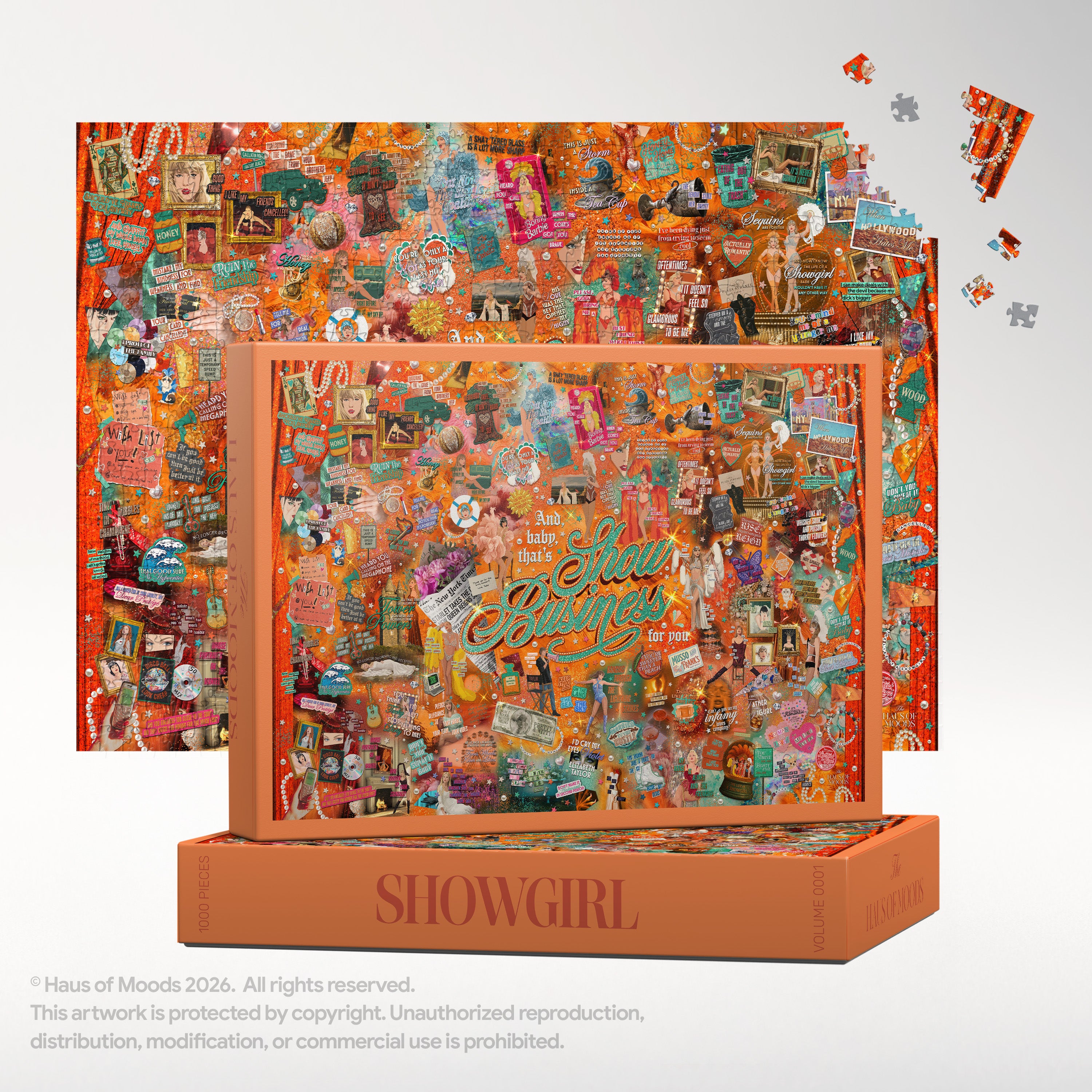 Haus Of Moods Showgirl Lyrics & Easter Eggs Puzzle box with colorful artwork and puzzle pieces visible.