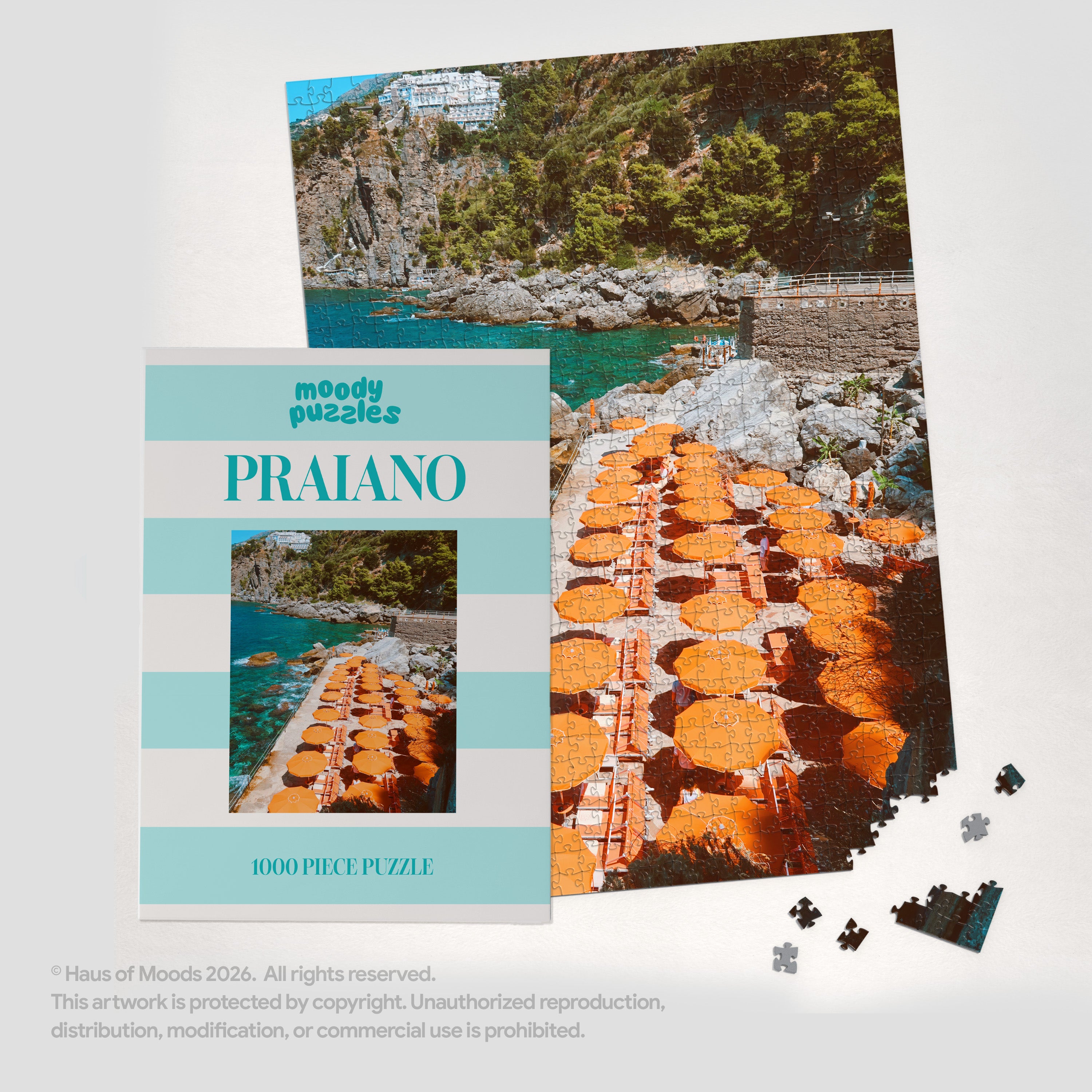Praiano Amalfi Coast 1000-piece jigsaw puzzle — Italy turquoise water orange umbrellas