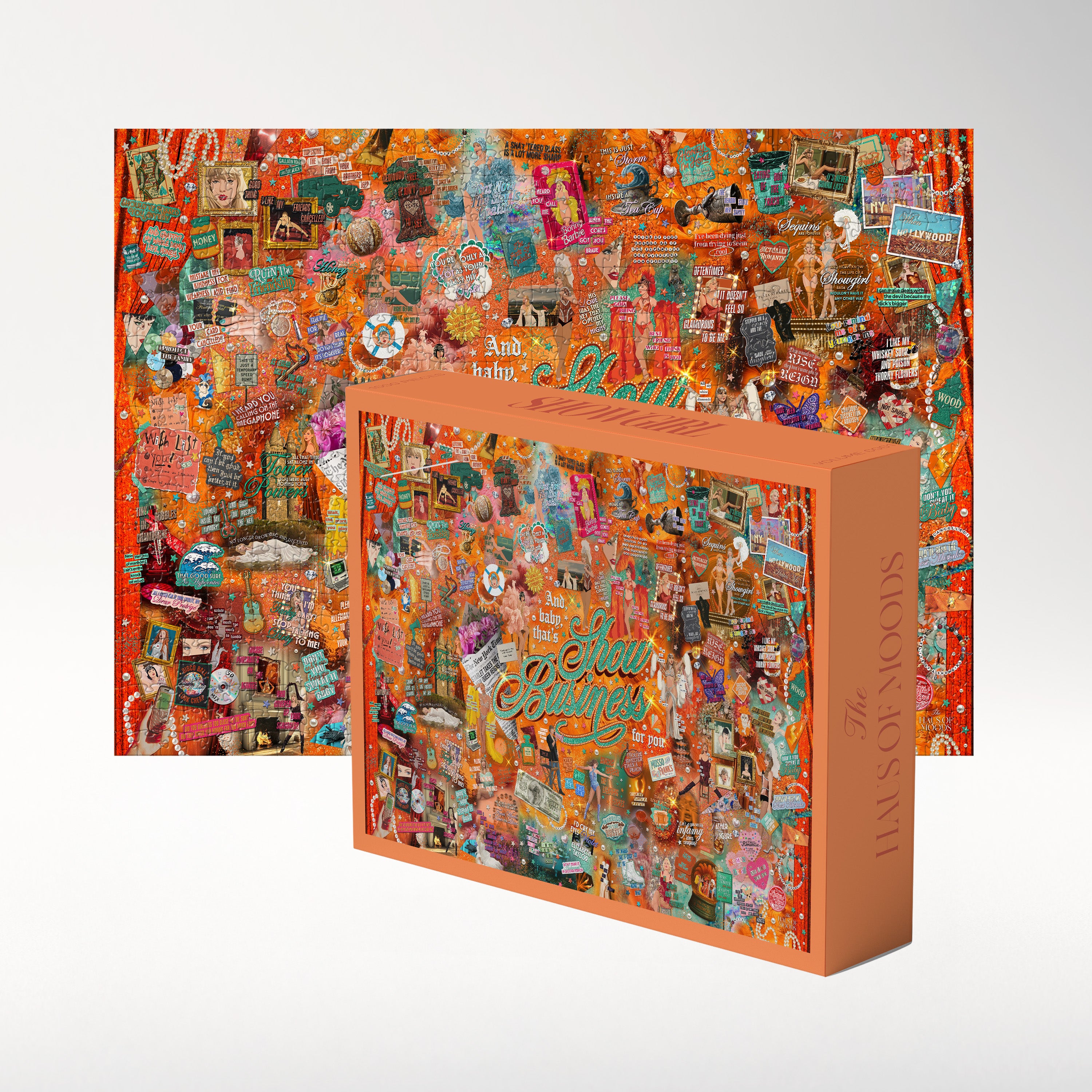 Haus Of Moods Showgirl Lyrics & Easter Eggs Puzzle box with colorful puzzle pieces and artwork on the packaging.