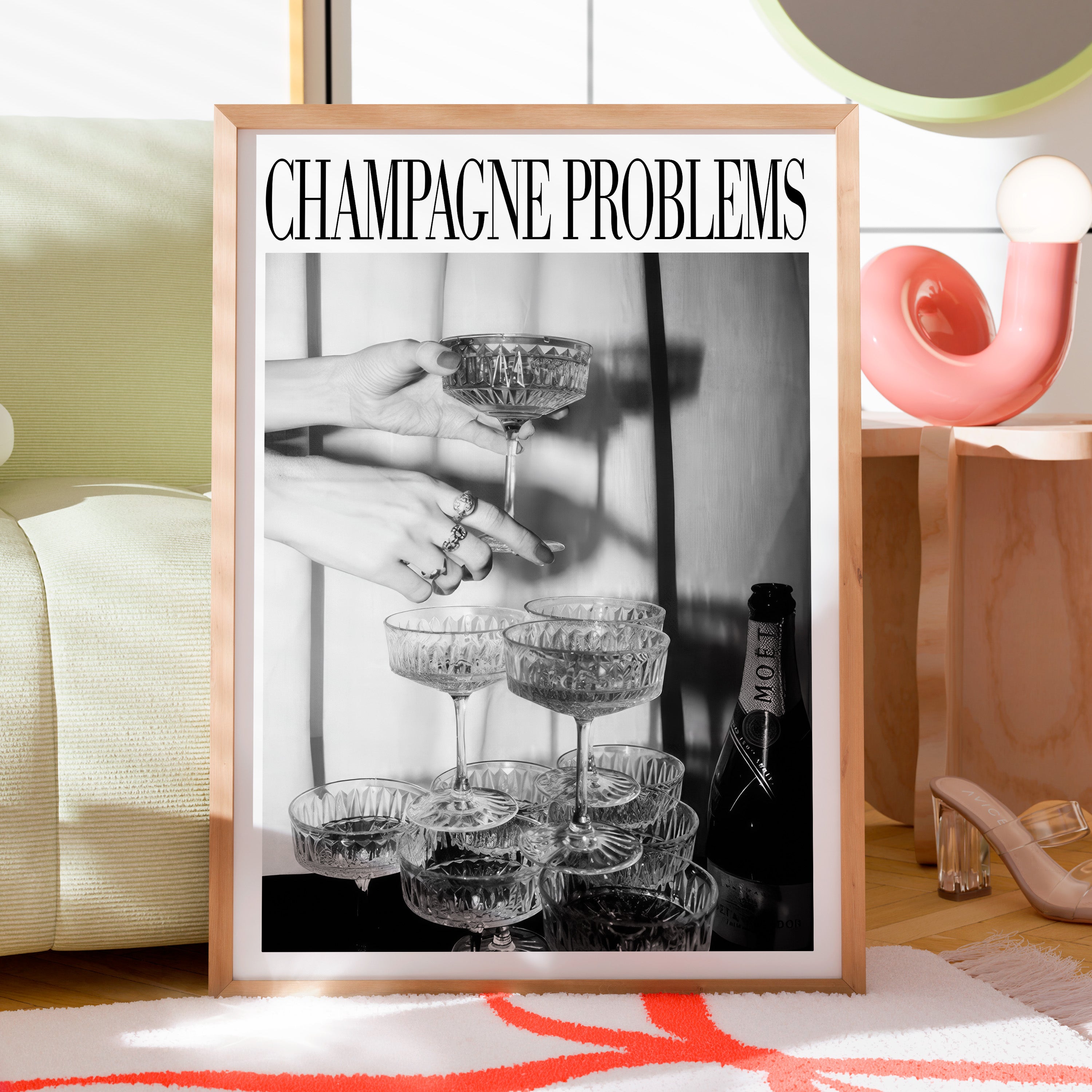 Black and white Folklore-inspired wall art in modern living room