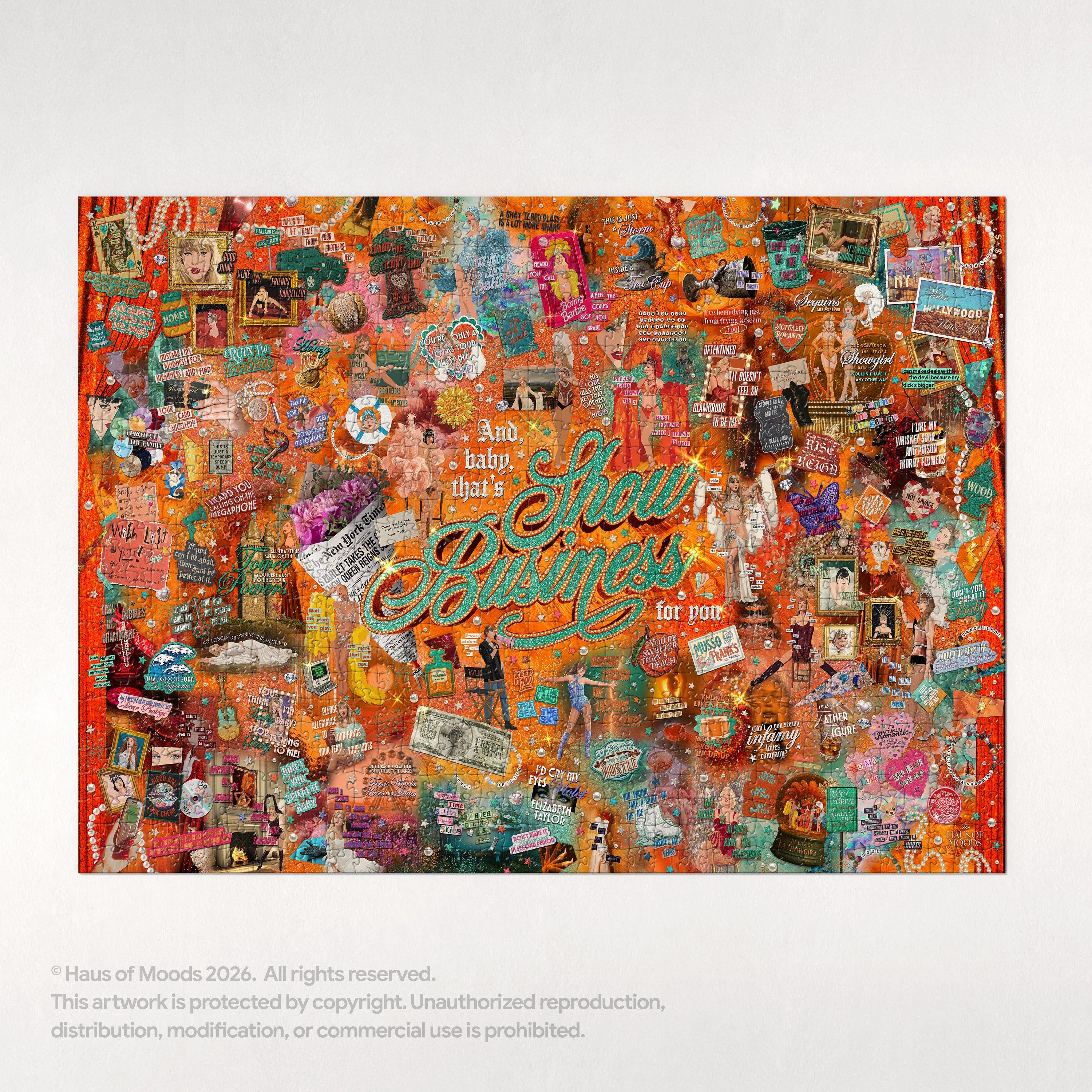 Haus Of Moods Showgirl Lyrics & Easter Eggs Puzzle featuring colorful artwork with hidden details and intricate puzzle pieces.