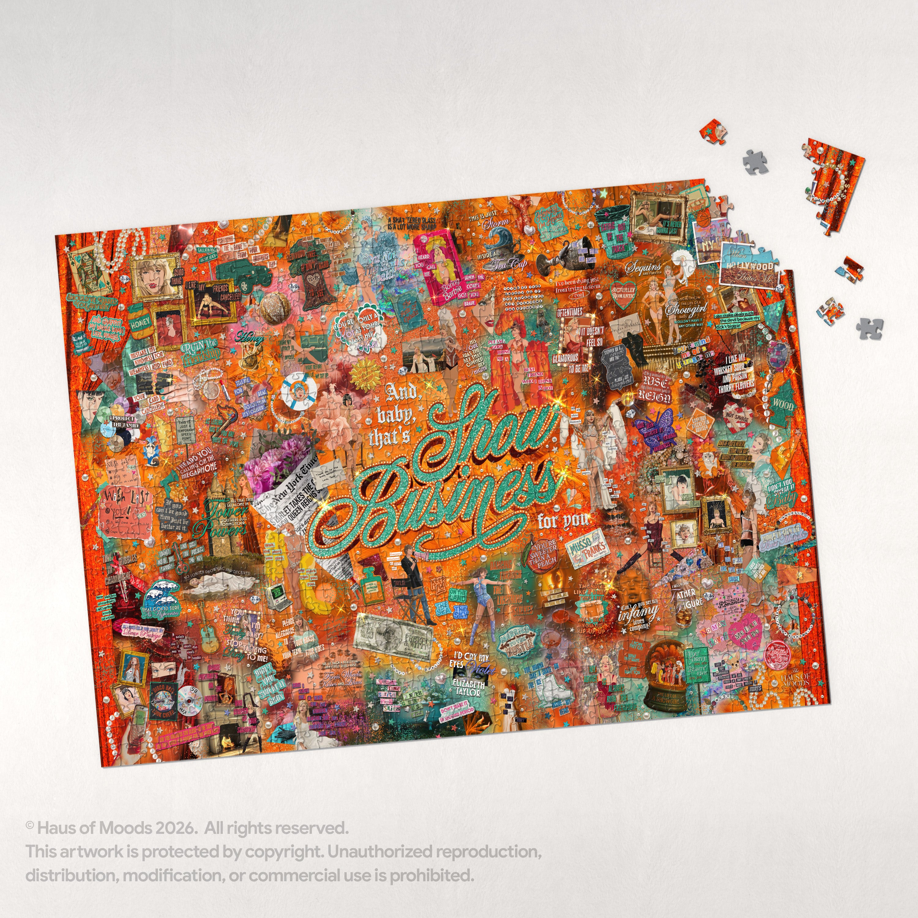 Haus Of Moods Showgirl Lyrics & Easter Eggs puzzle featuring colorful artwork and intricate details on the puzzle pieces.