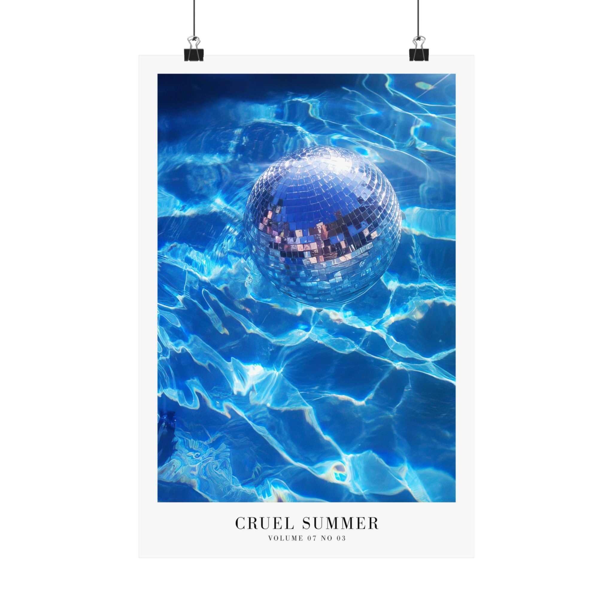 Lover-era Cruel Summer print in glowing blue pool aesthetic bedroom