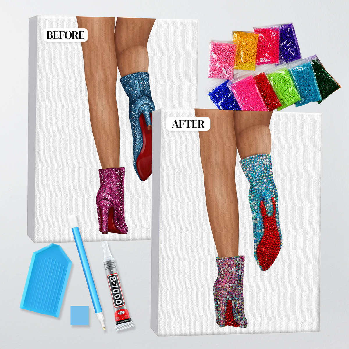 Before and after of the 1989 sparkle boots bedazzle kit, printed canvas beside the finished rhinestone piece