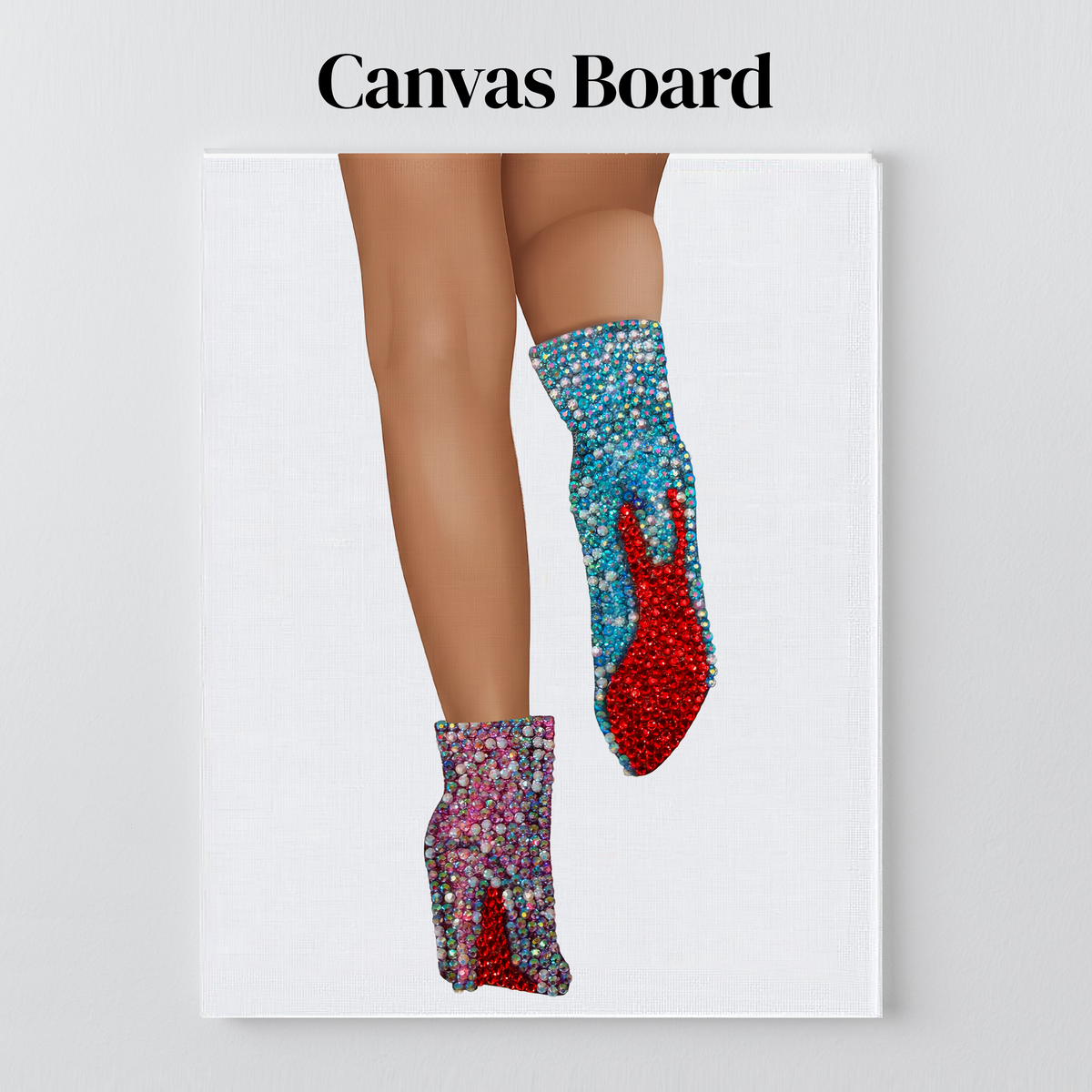 1989 sparkle boots rhinestone art on a flat canvas board, ready to frame