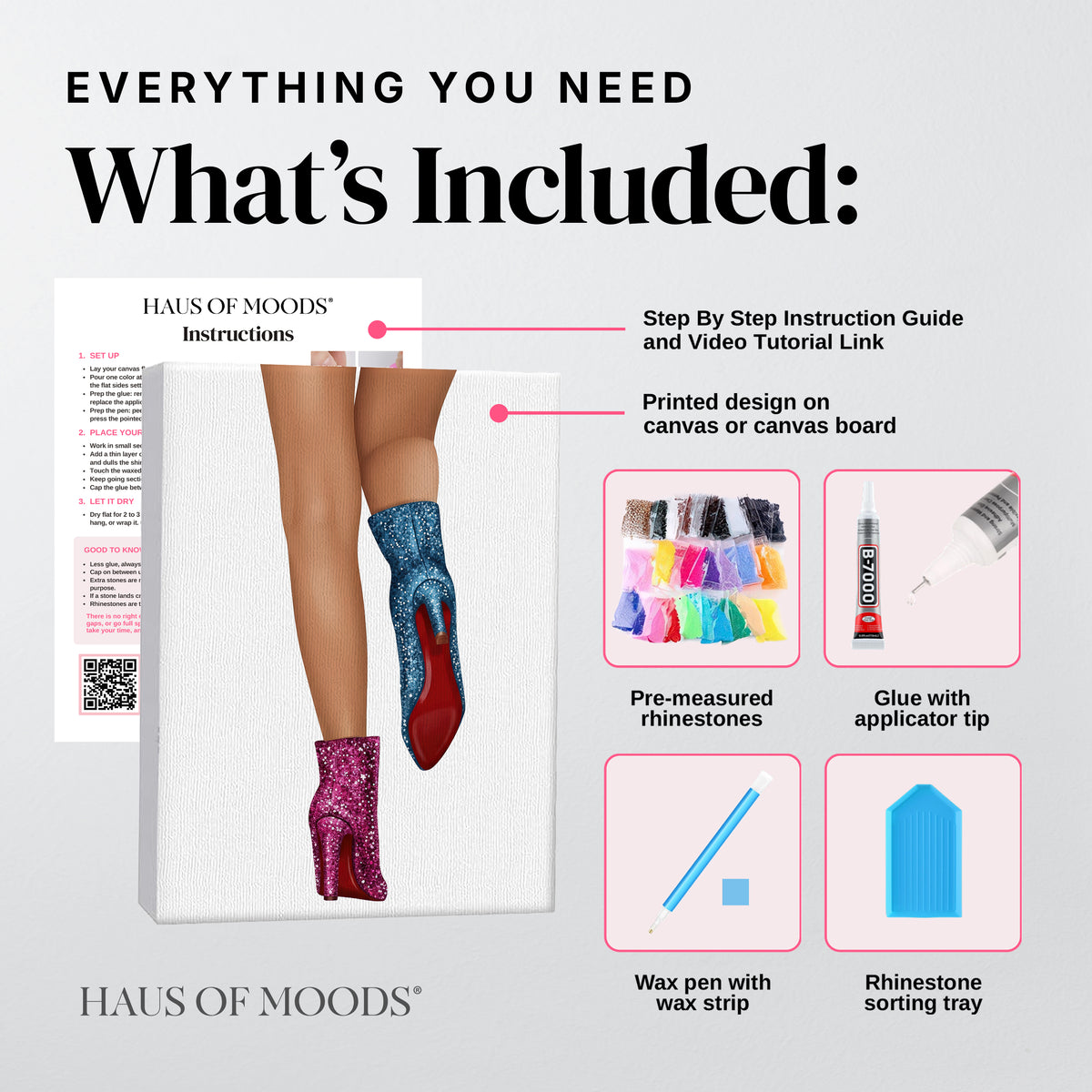 Everything included in the 1989 sparkle boots DIY bedazzle kit: printed canvas, pre-sorted rhinestones, B-7000 glue, wax pen and sorting tray