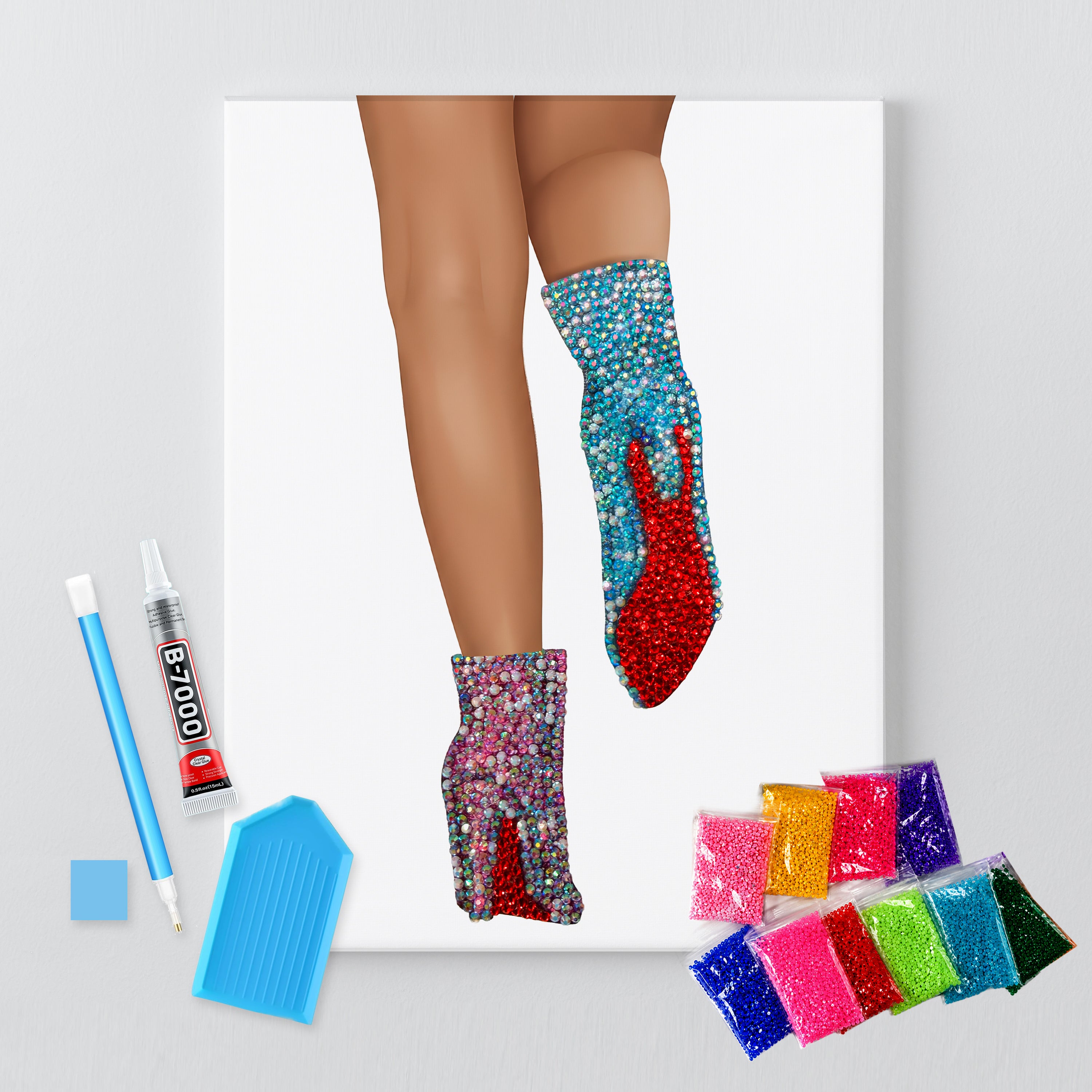 1989 sparkle boots DIY rhinestone canvas kit, finished blue and pink design