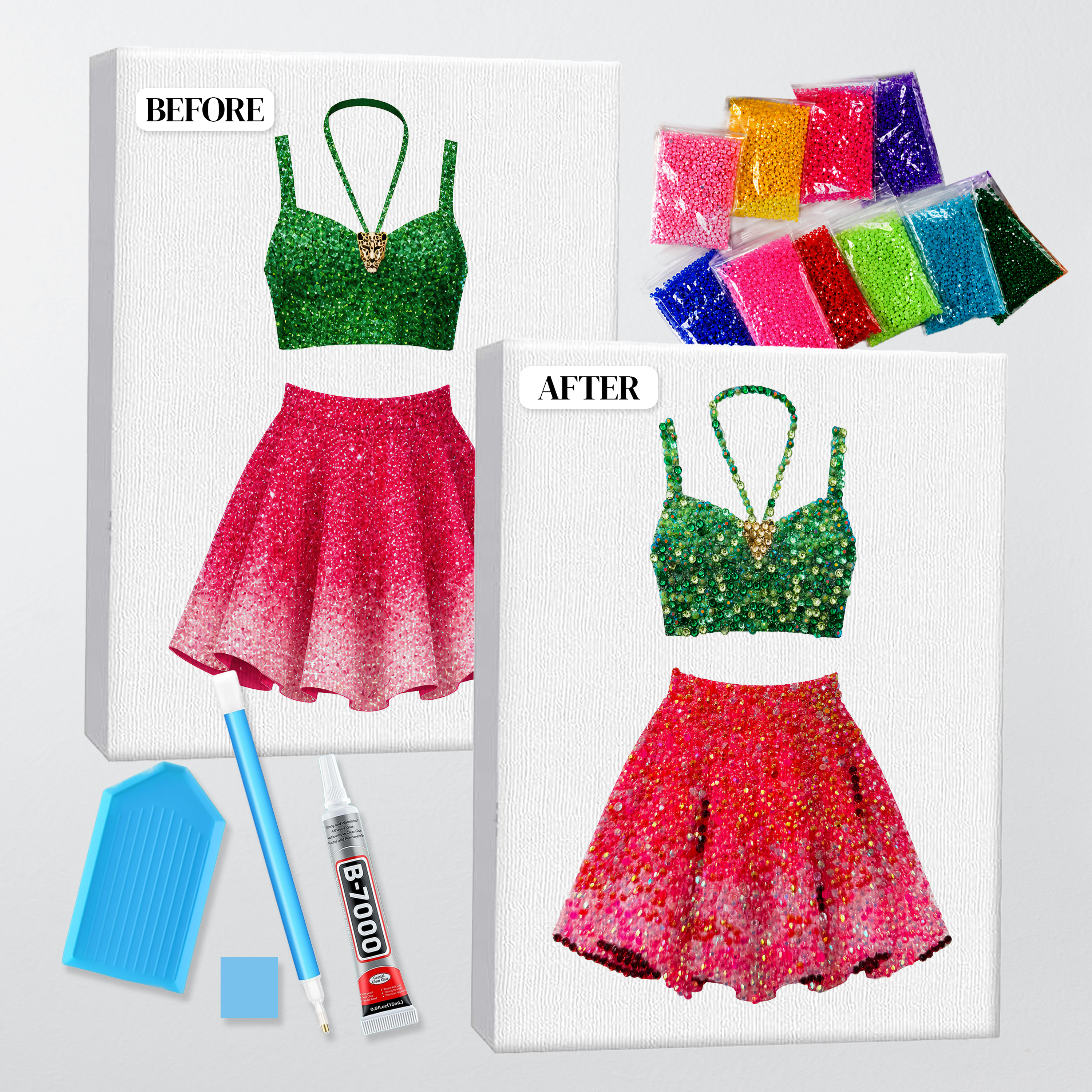 Before and after of the 1989 green and pink set bedazzle kit, printed canvas beside the finished rhinestone piece