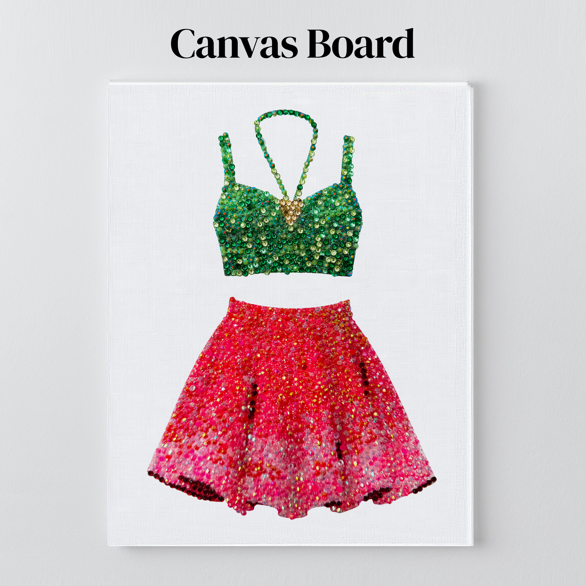 1989 green and pink set rhinestone art on a flat canvas board, ready to frame