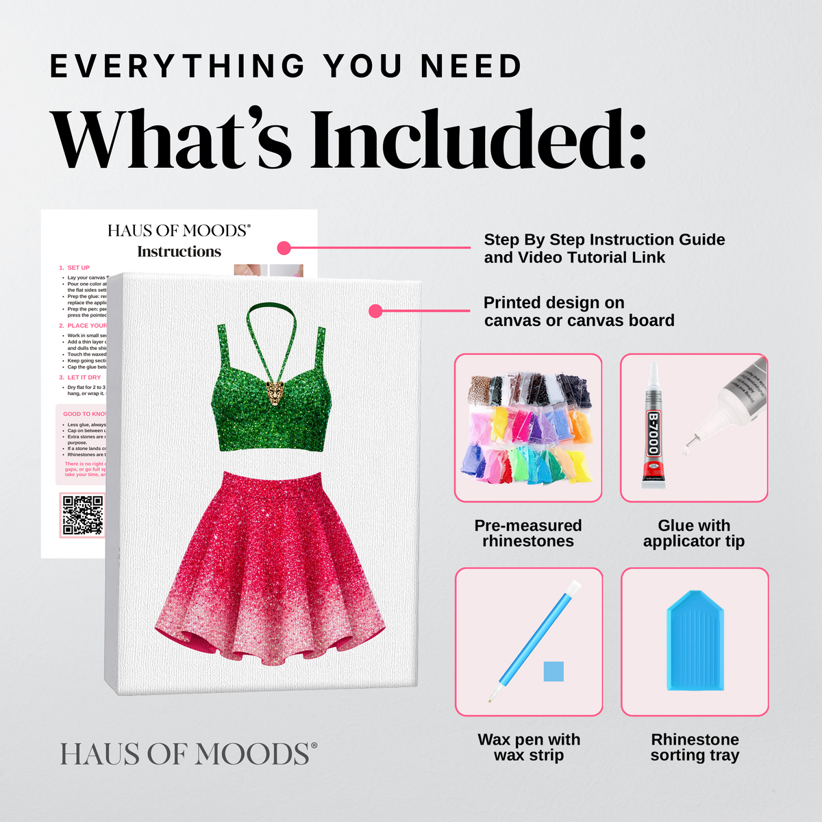 Everything included in the 1989 green and pink set DIY bedazzle kit: printed canvas, pre-sorted rhinestones, B-7000 glue, wax pen and sorting tray