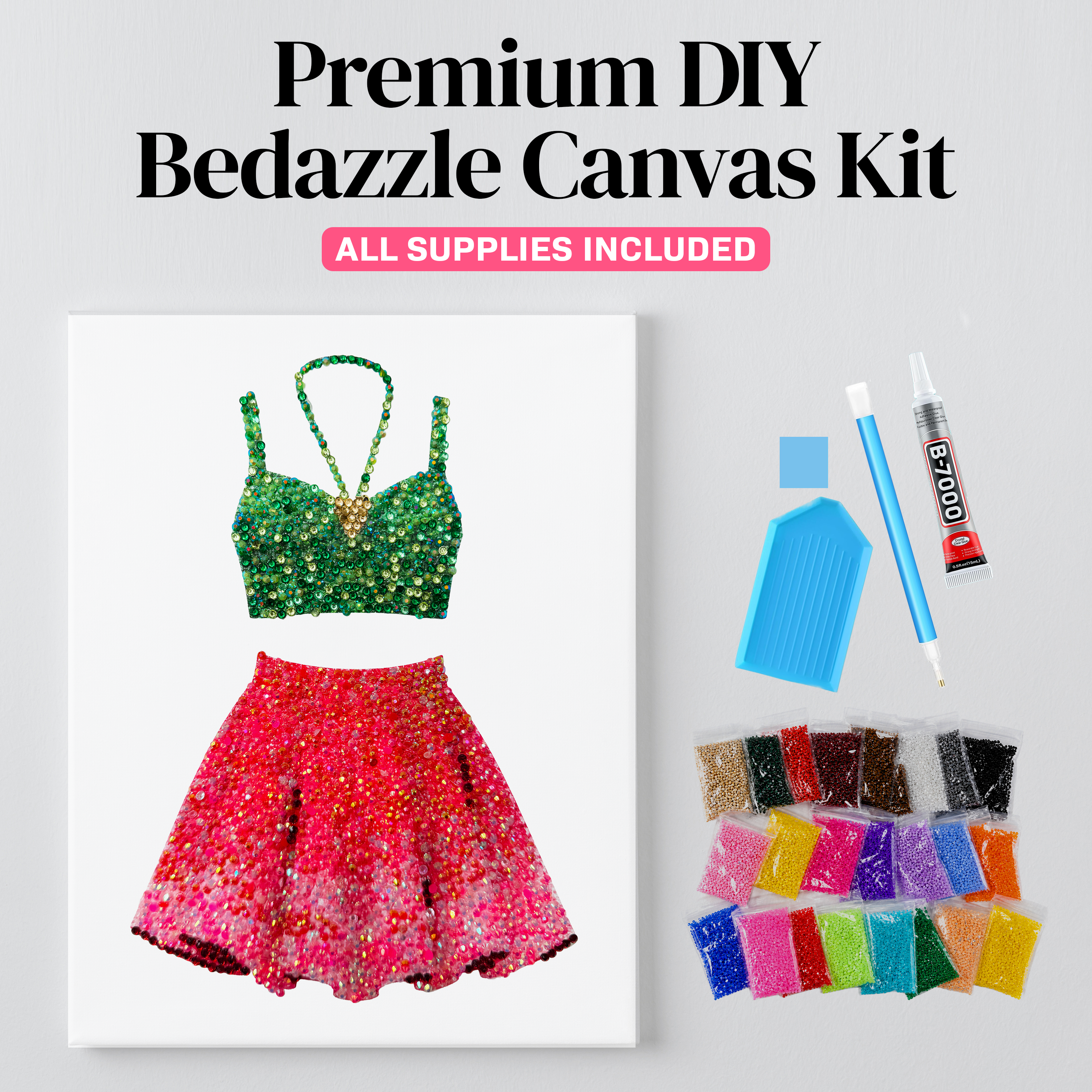 1989 green and pink set rhinestone canvas kit, angled view