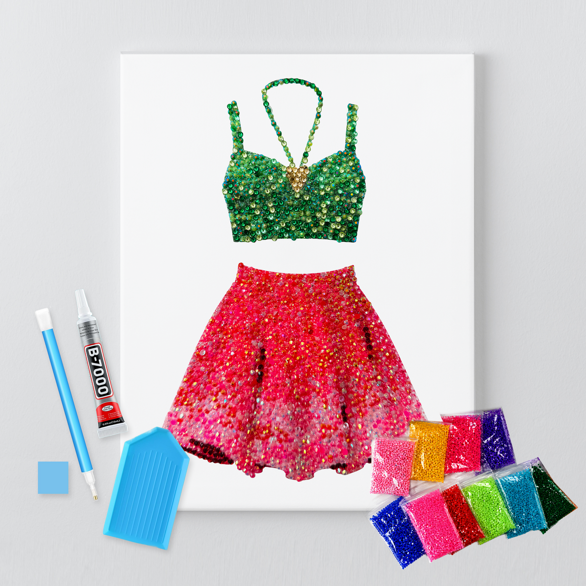 1989 green and pink set rhinestone canvas kit, close detail of the stones