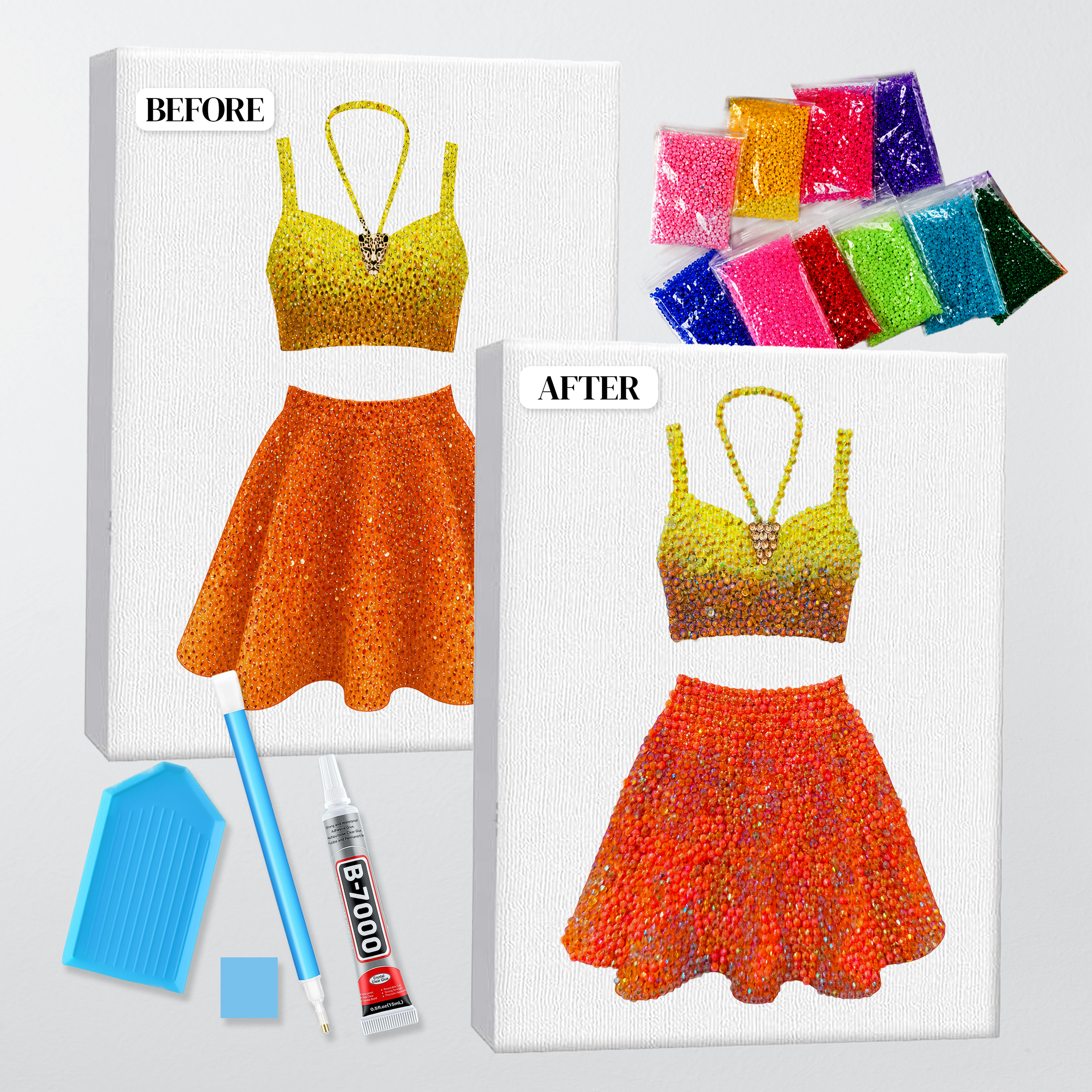Before and after of the 1989 yellow and orange set bedazzle kit, printed canvas beside the finished rhinestone piece