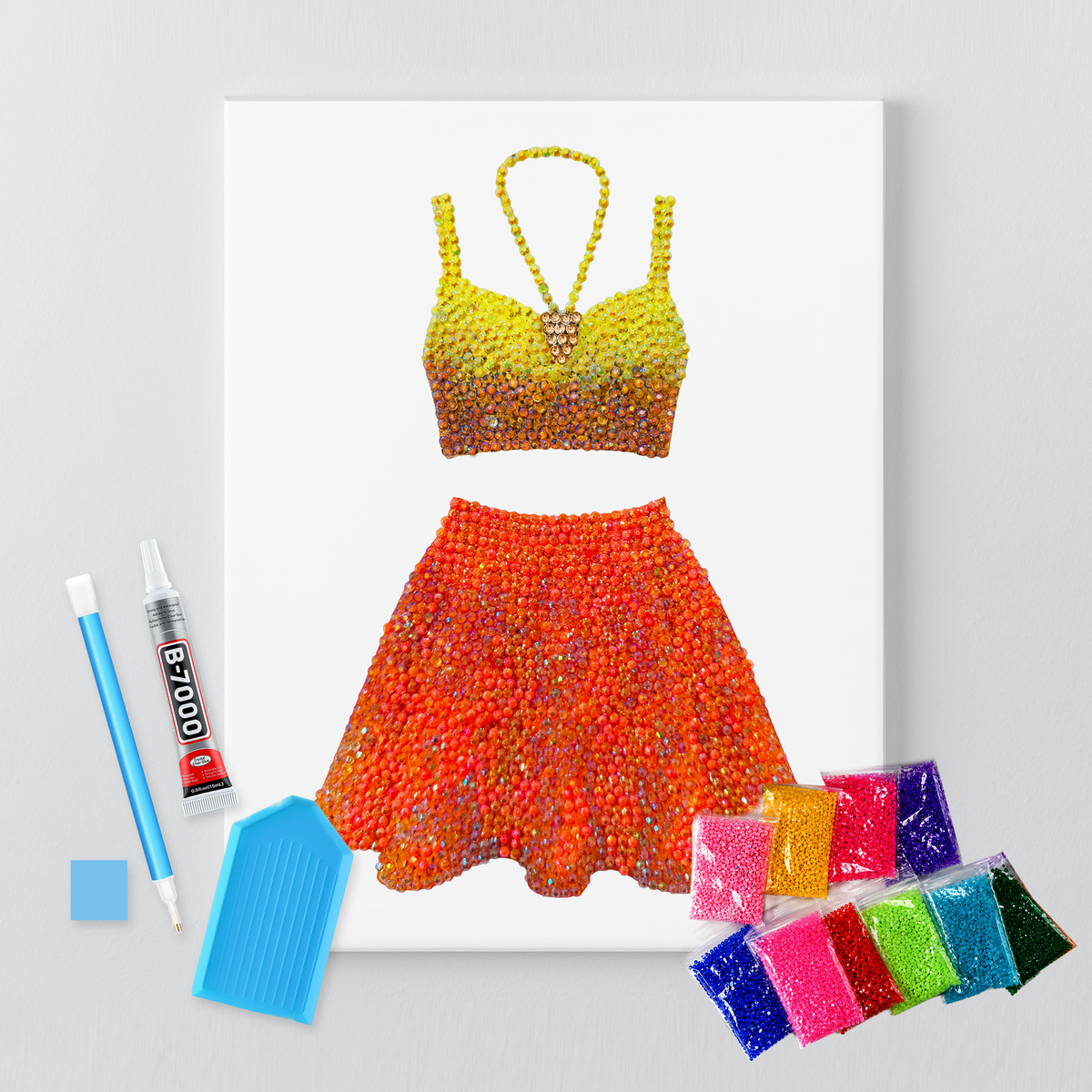1989 yellow and orange set rhinestone canvas kit shown in a styled room