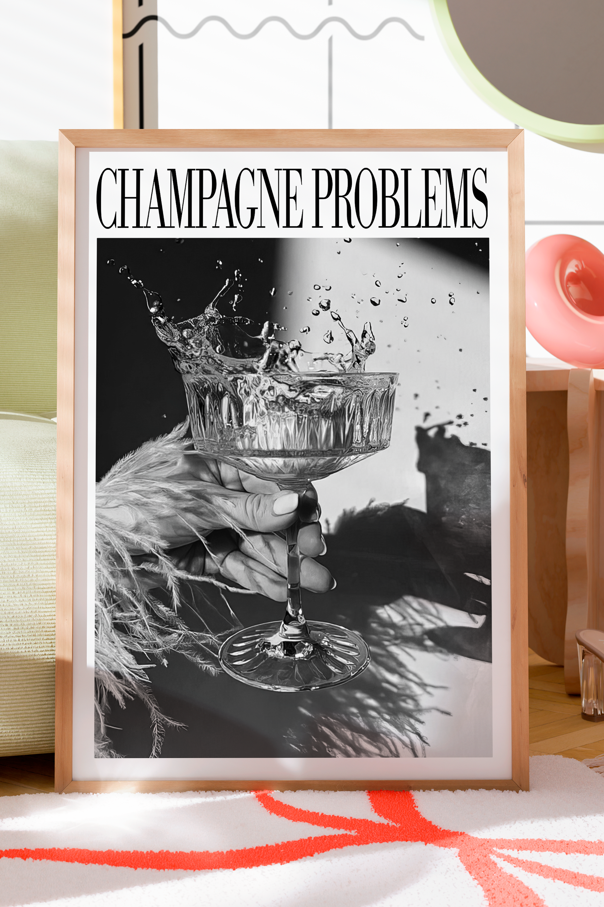 Champagne Problems Drink Splash (B&W) - Haus Of Moods