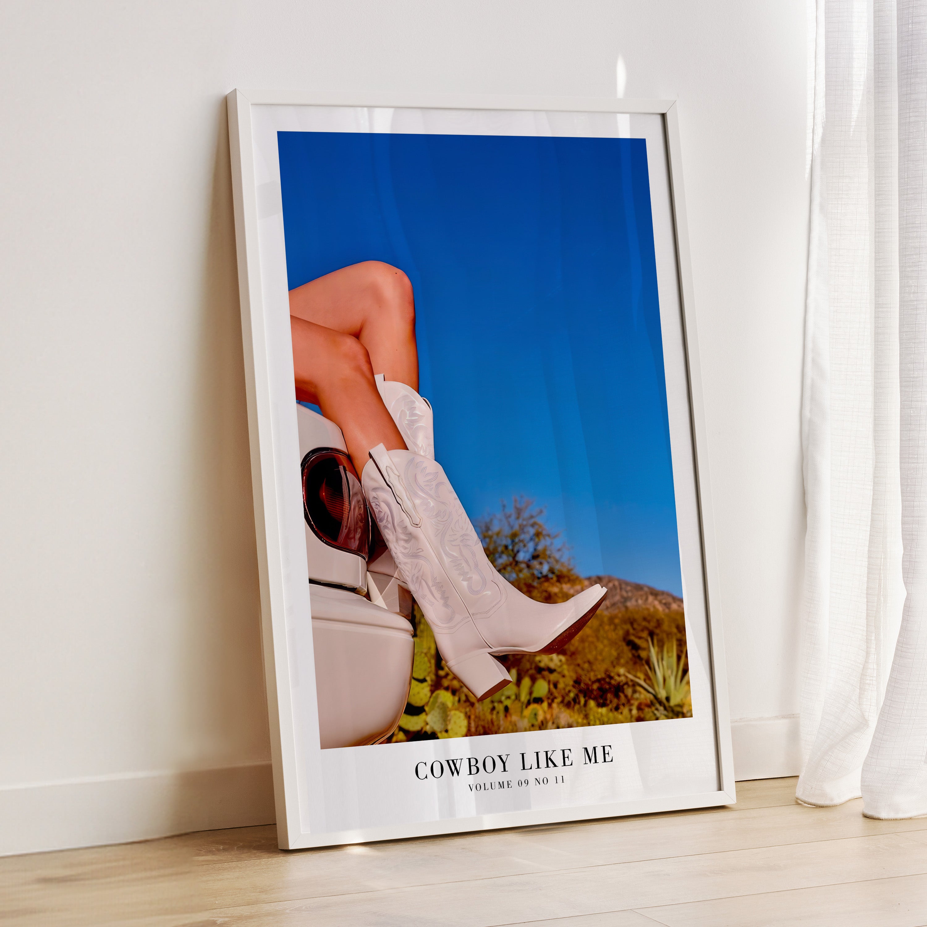 Cowboy Like Me white boots poster in desert dreamy bedroom