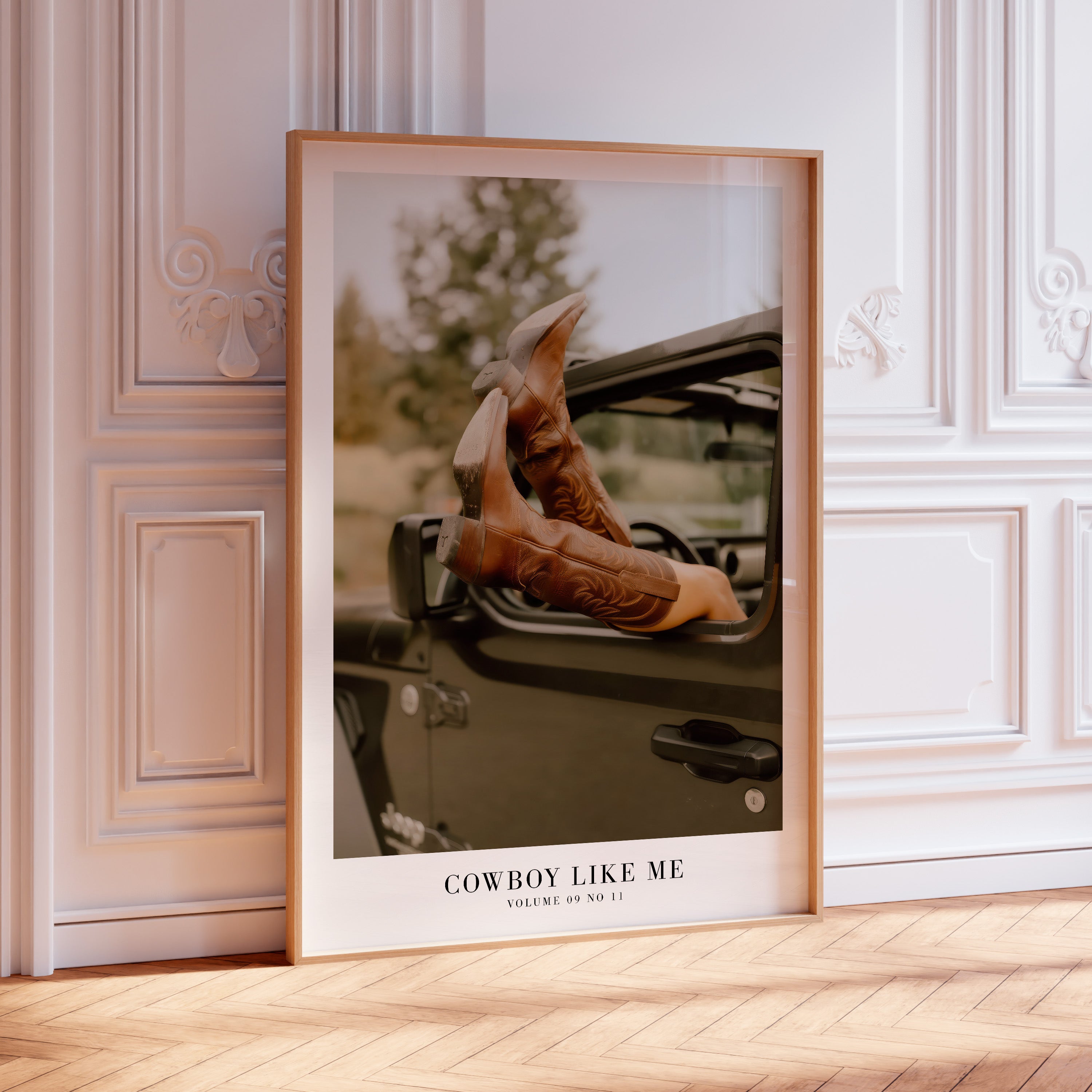 Cowboy Like Me Boots poster in coastal cowgirl bedroom decor