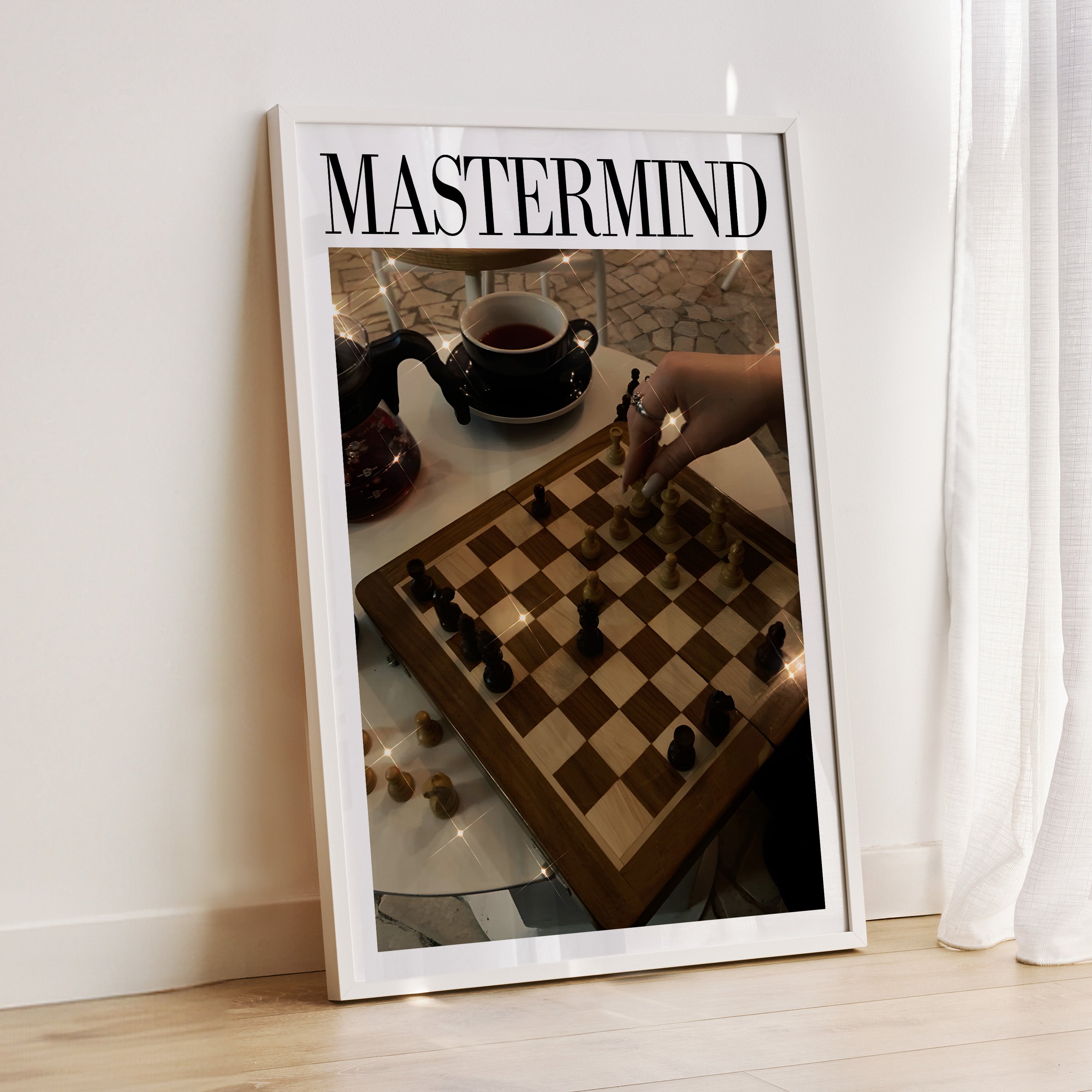 Swiftie Mastermind chess print styled with vintage books and coffee