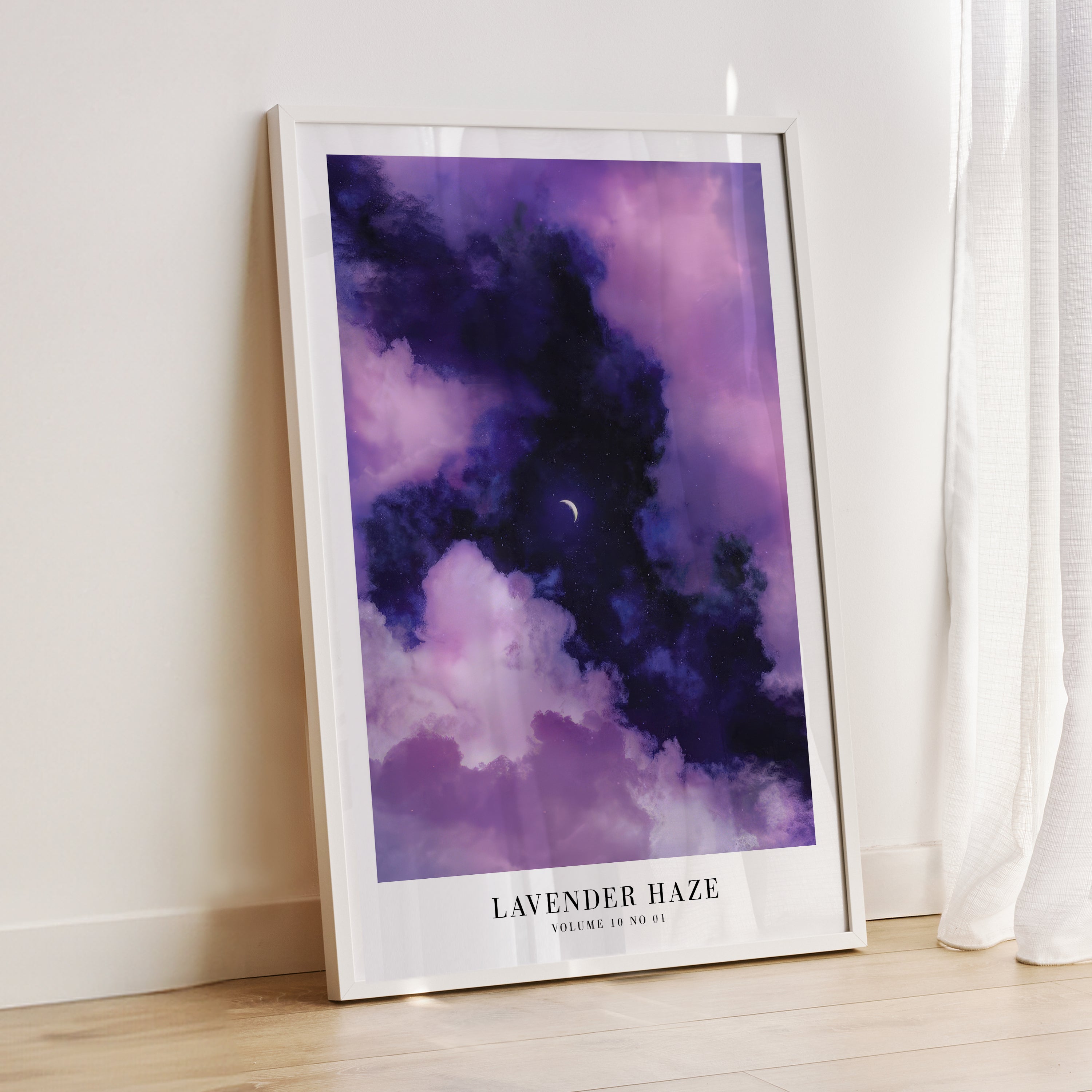 Lavender Haze celestial print in pastel feminine bedroom decor