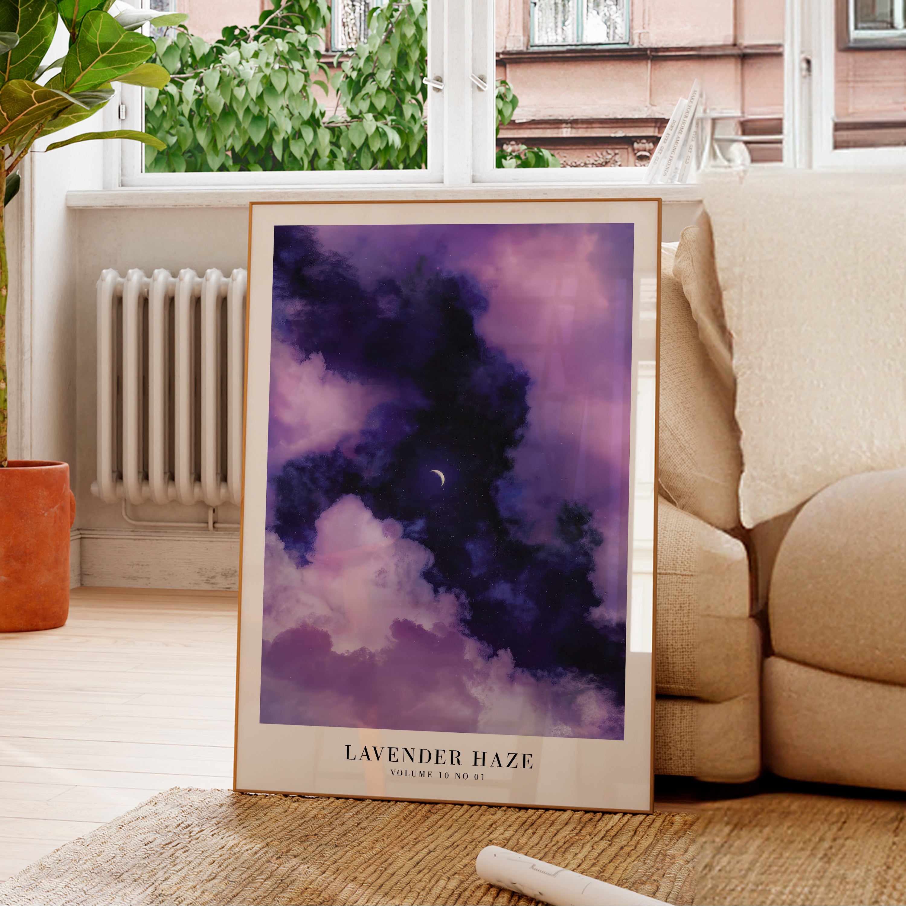 Lavender Haze dreamy cloud print in soft pastel apartment decor