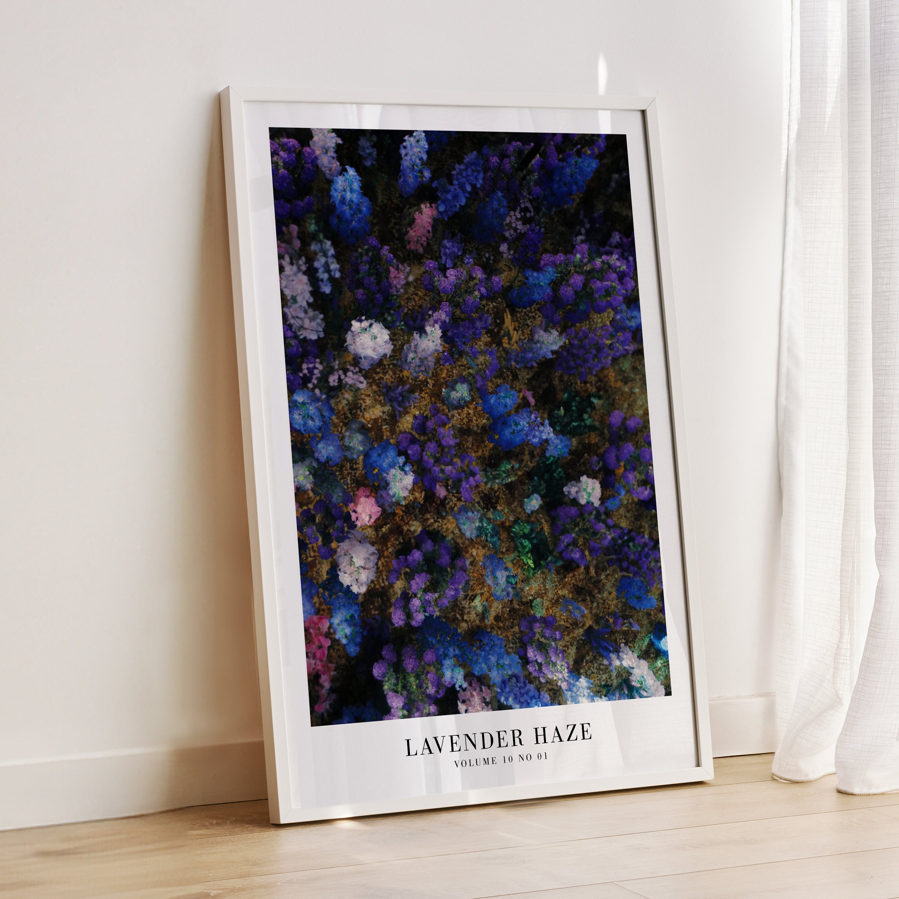 Lavender Haze Midnights floral poster styled in cozy apartment decor