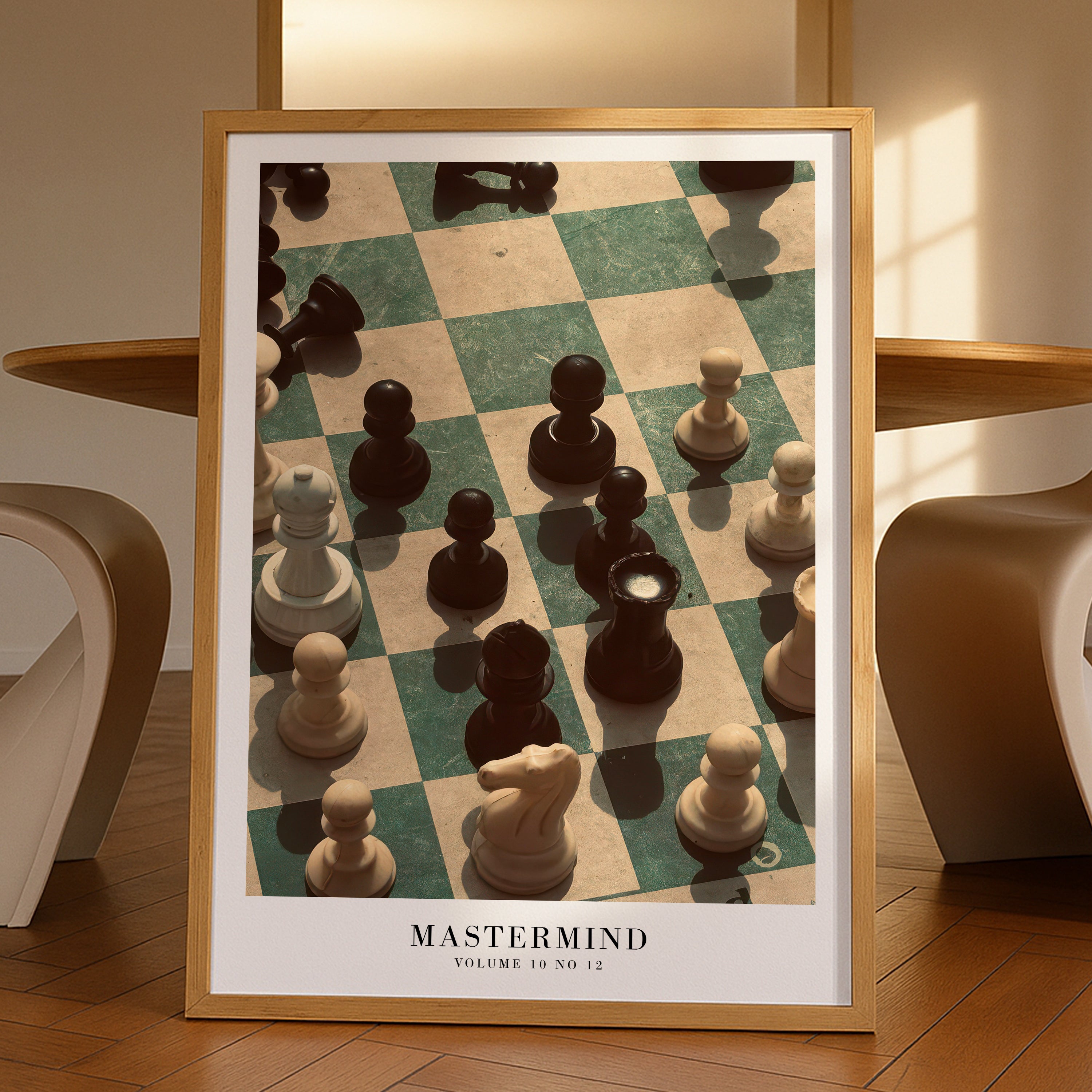 Mastermind nostalgic chess print styled in vintage warm sunlight room