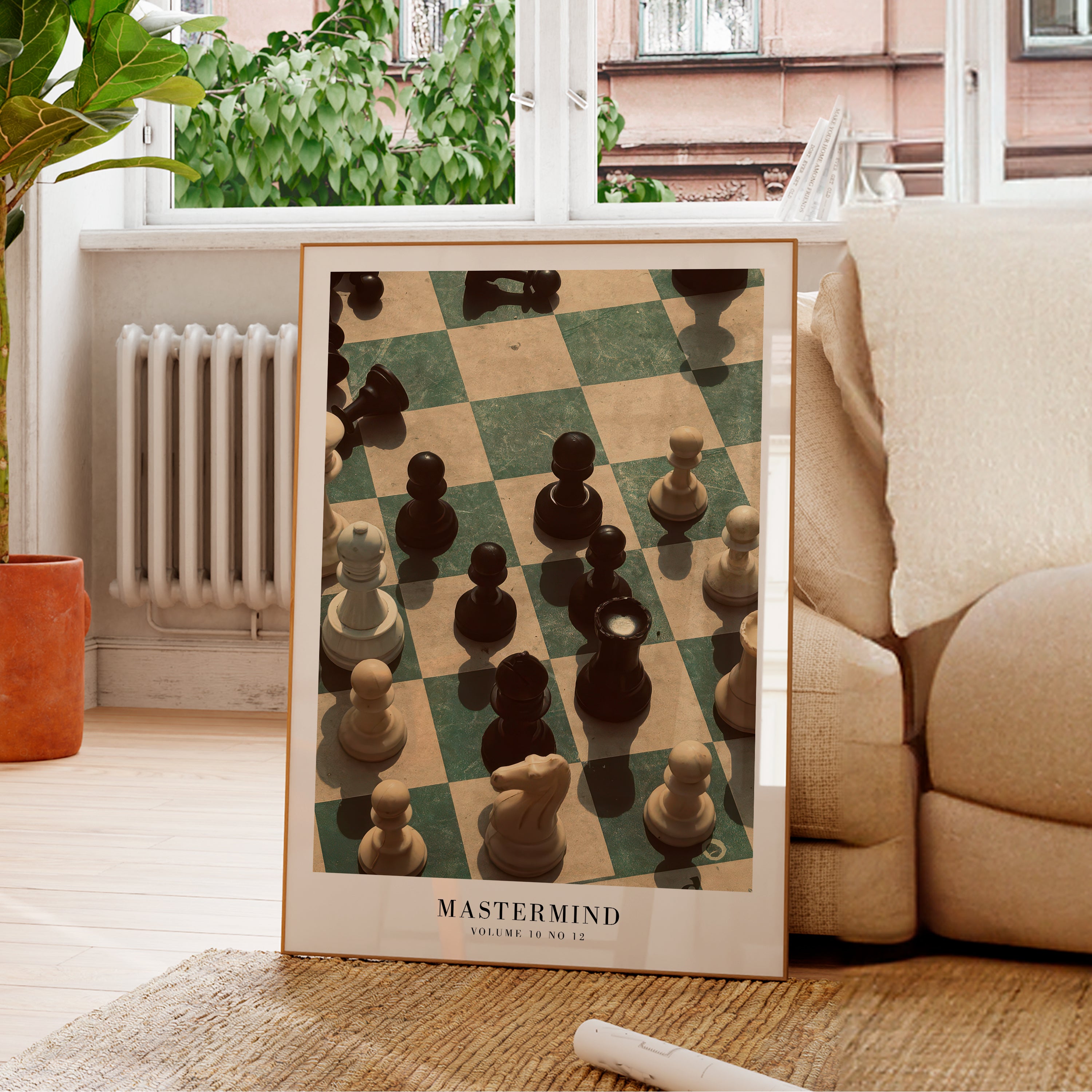 Mastermind vintage green chess print in cozy apartment reading nook