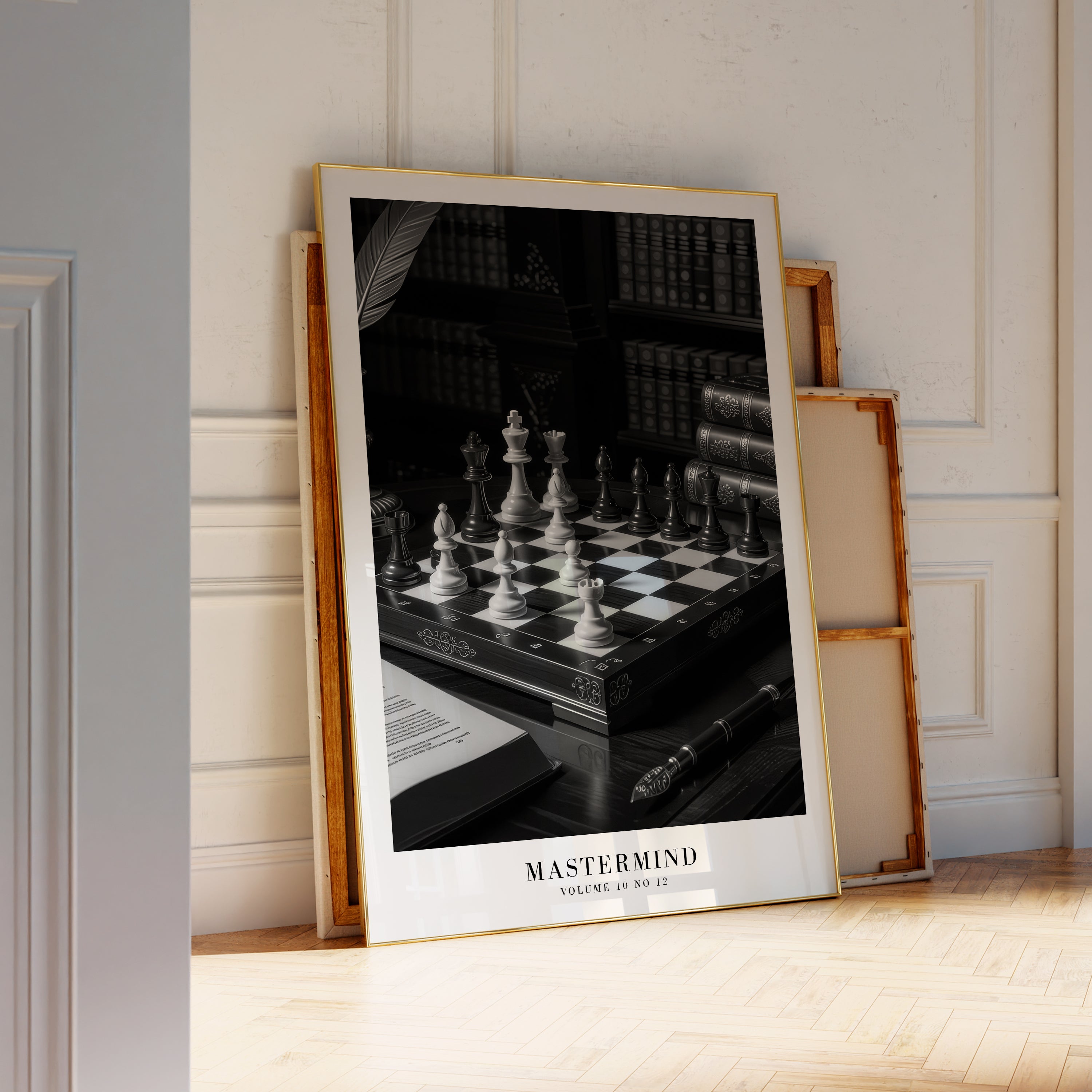 Mastermind black white Midnights print in modern feminine bedroom