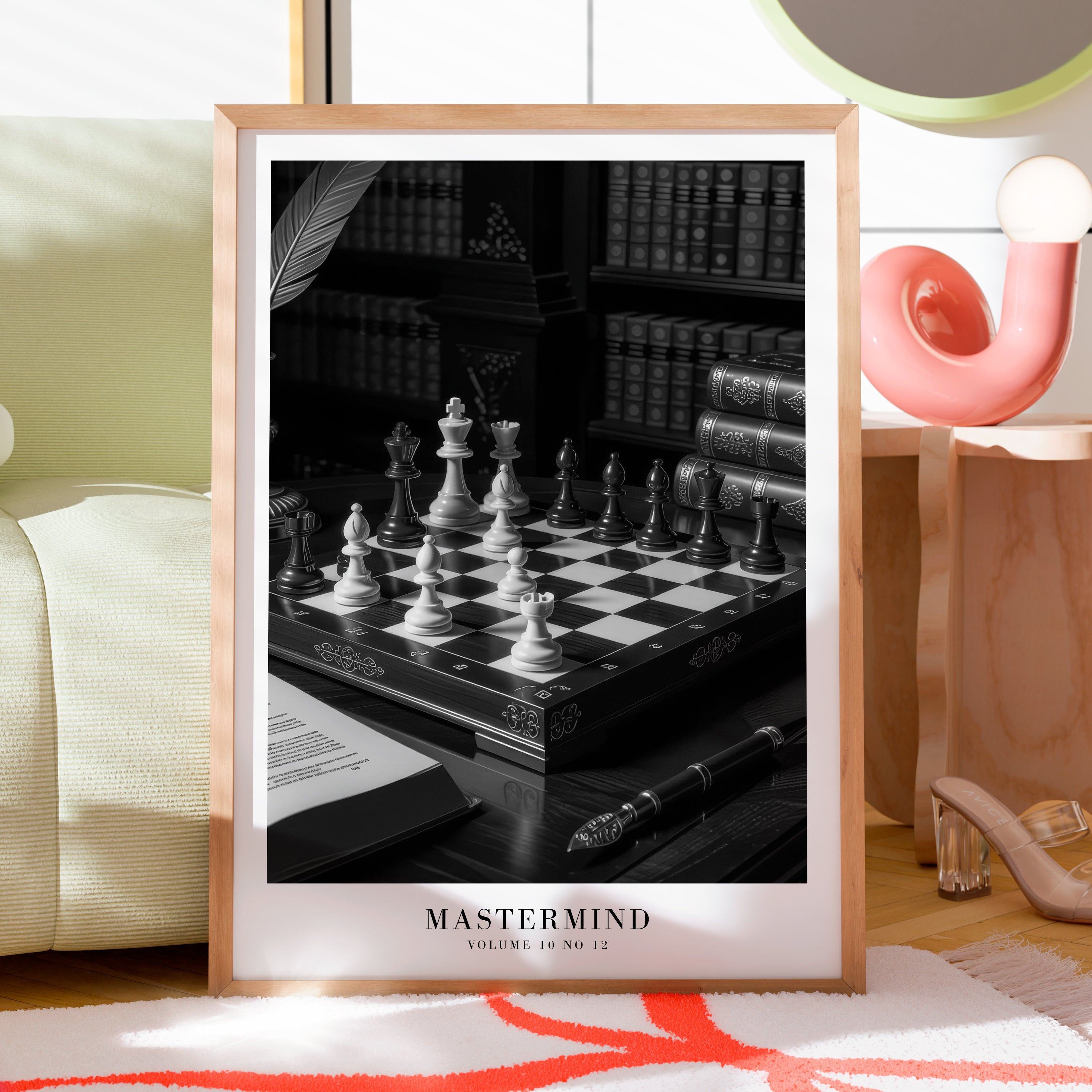 Black and white Mastermind chess print in neutral apartment decor