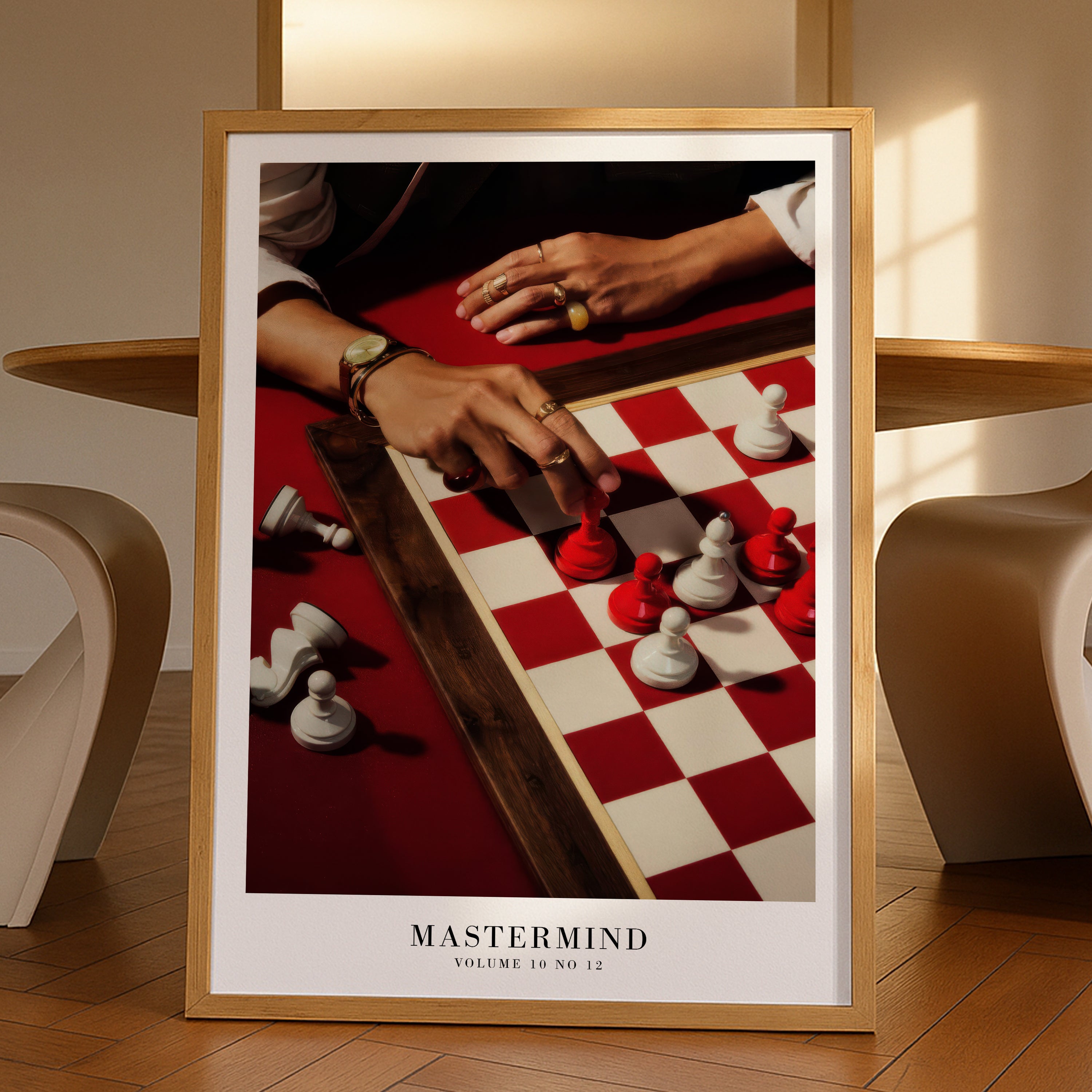 Mastermind red chess print in dramatic feminine power room