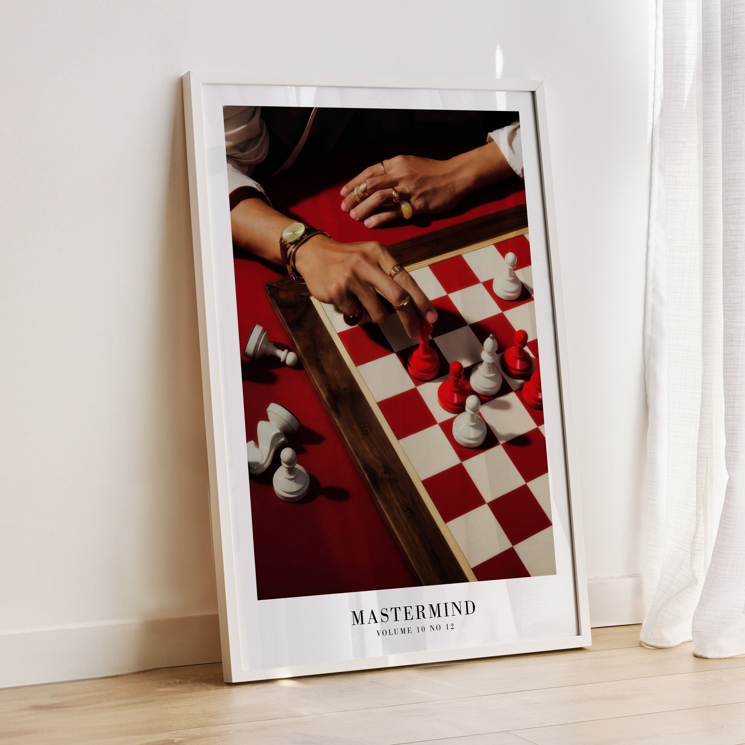 Mastermind Midnights bold red poster in moody apartment styling