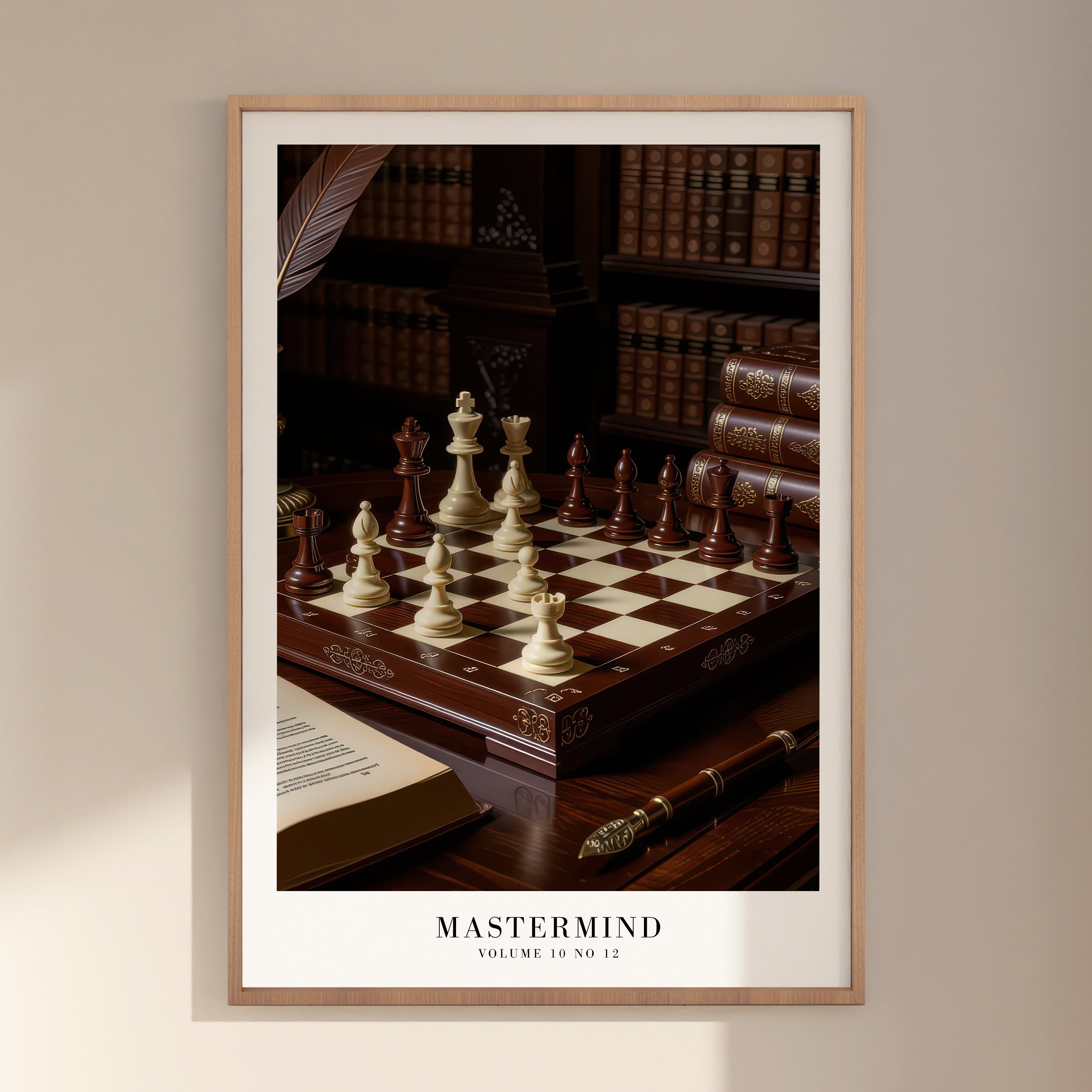 Mastermind Midnights wall art in cozy home office with antique books