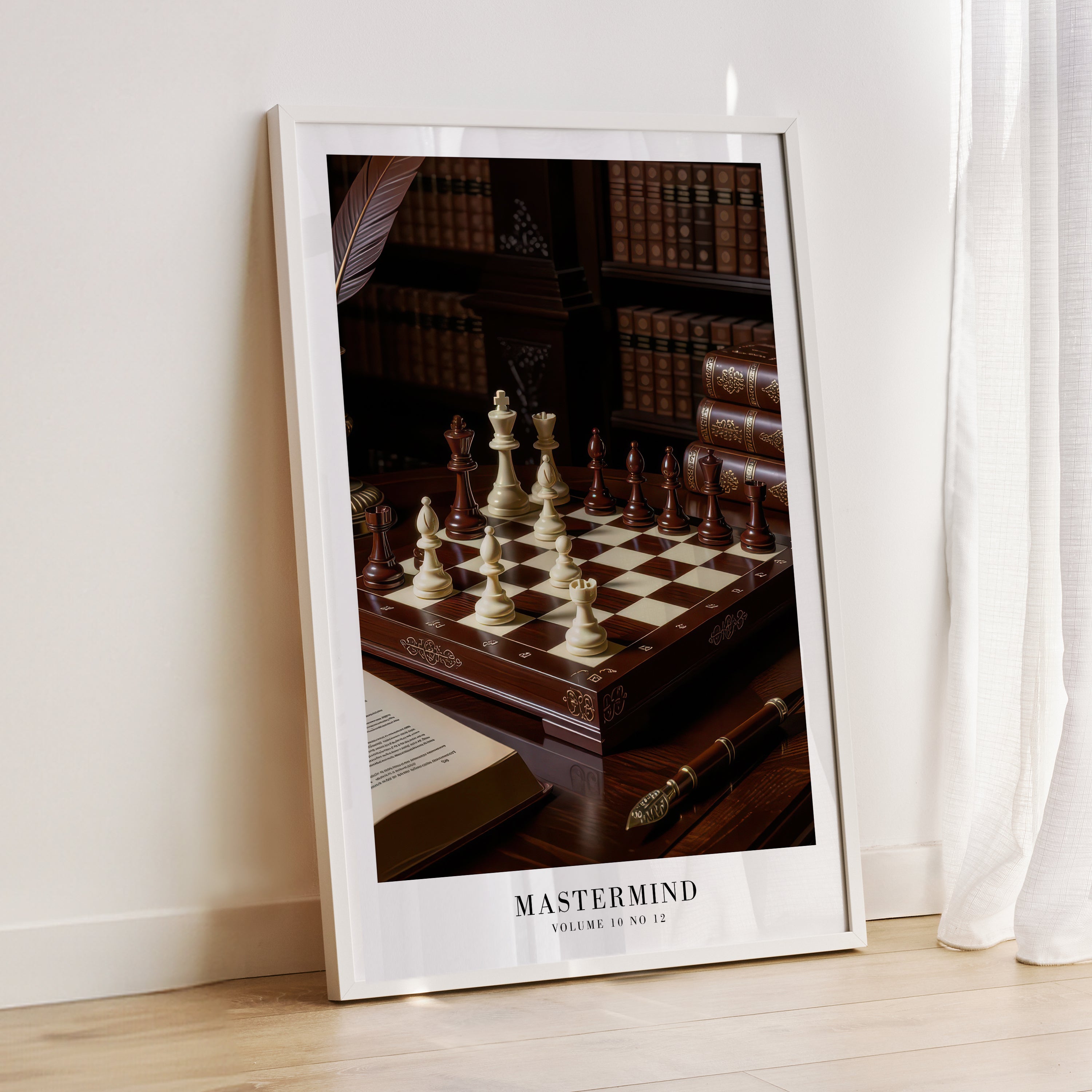 Mastermind Midnights luxury chess poster in warm wood feminine room
