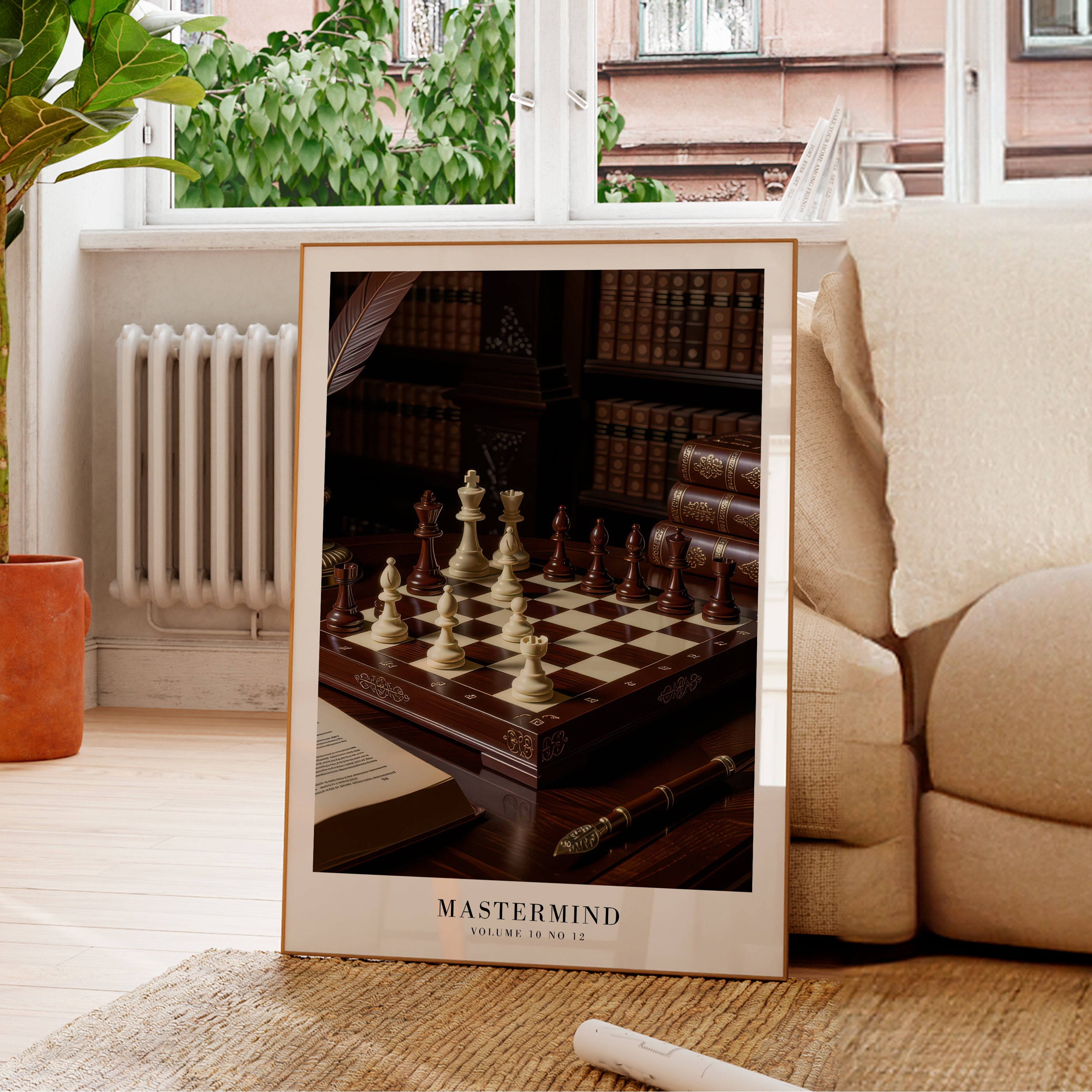 Mastermind chess print in old money apartment with vintage books