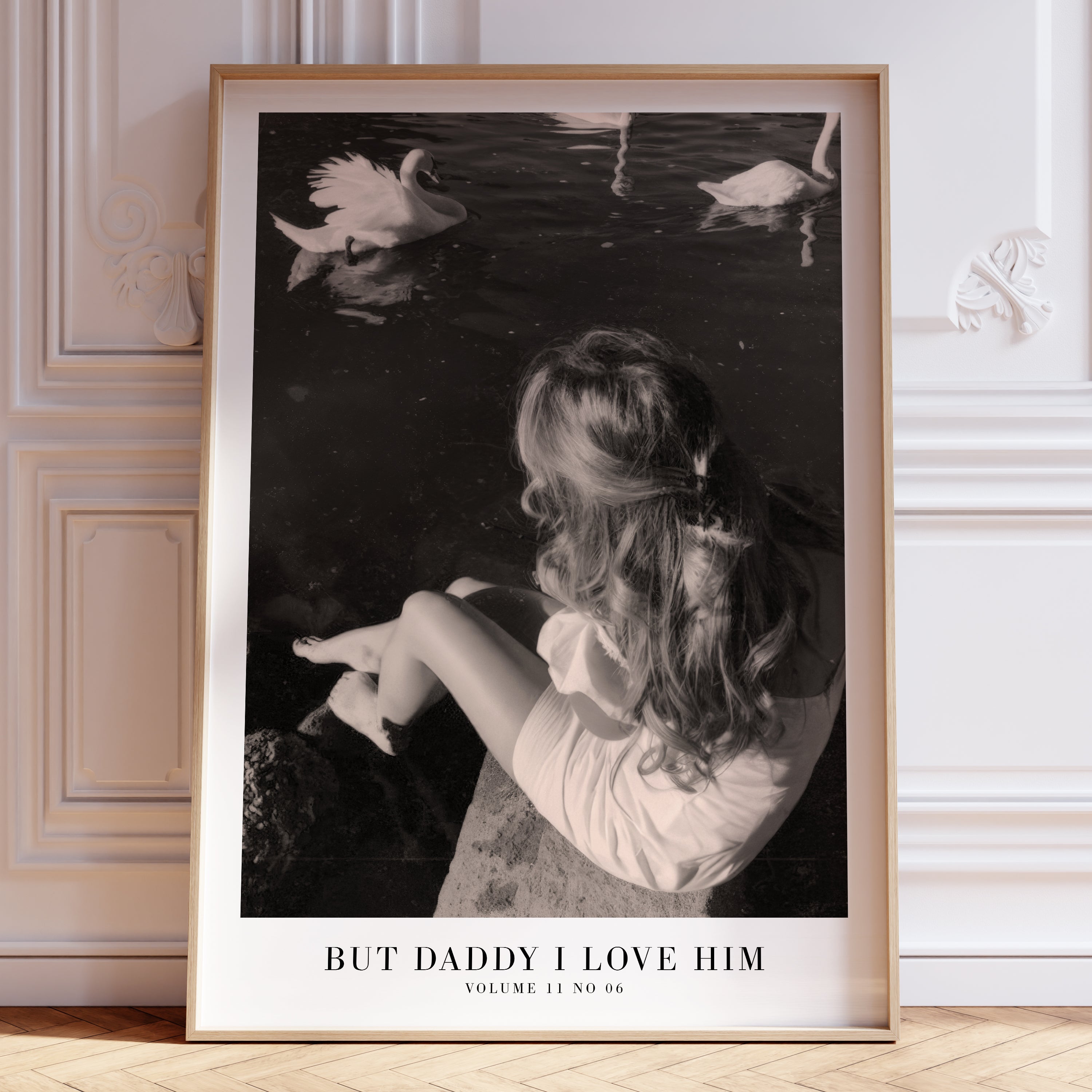 But Daddy I Love Him Swan poster in dreamy literary bedroom