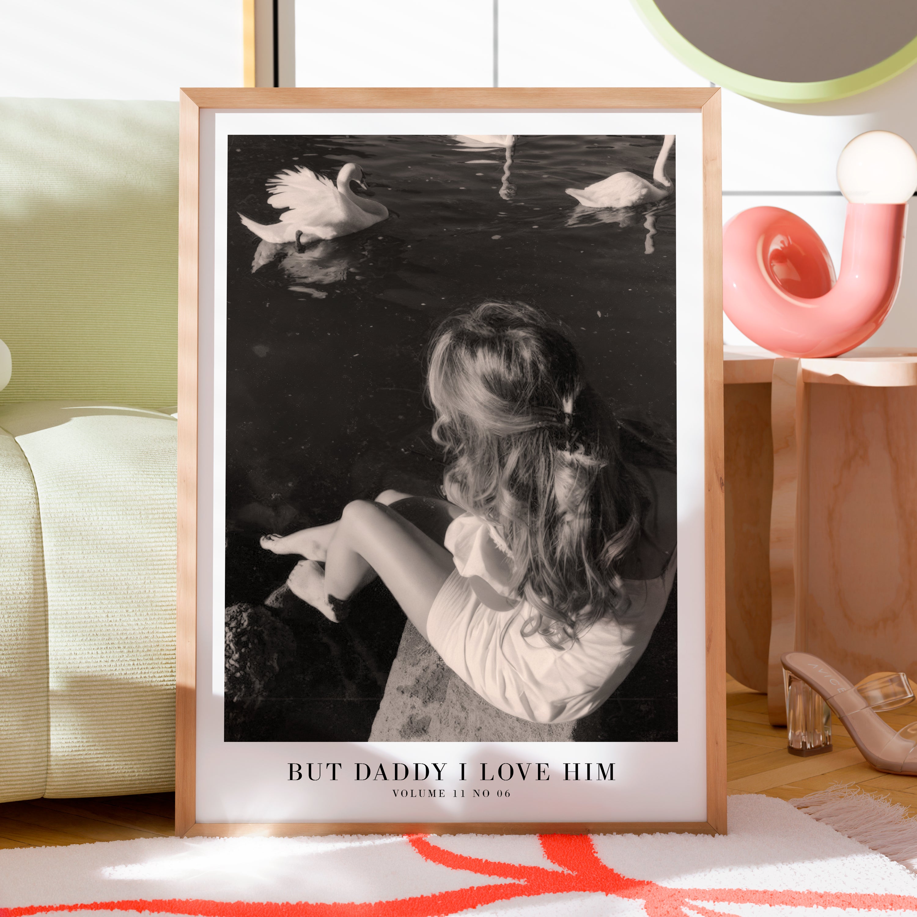 But Daddy I Love Him Swan TTPD poster in coquette feminine bedroom