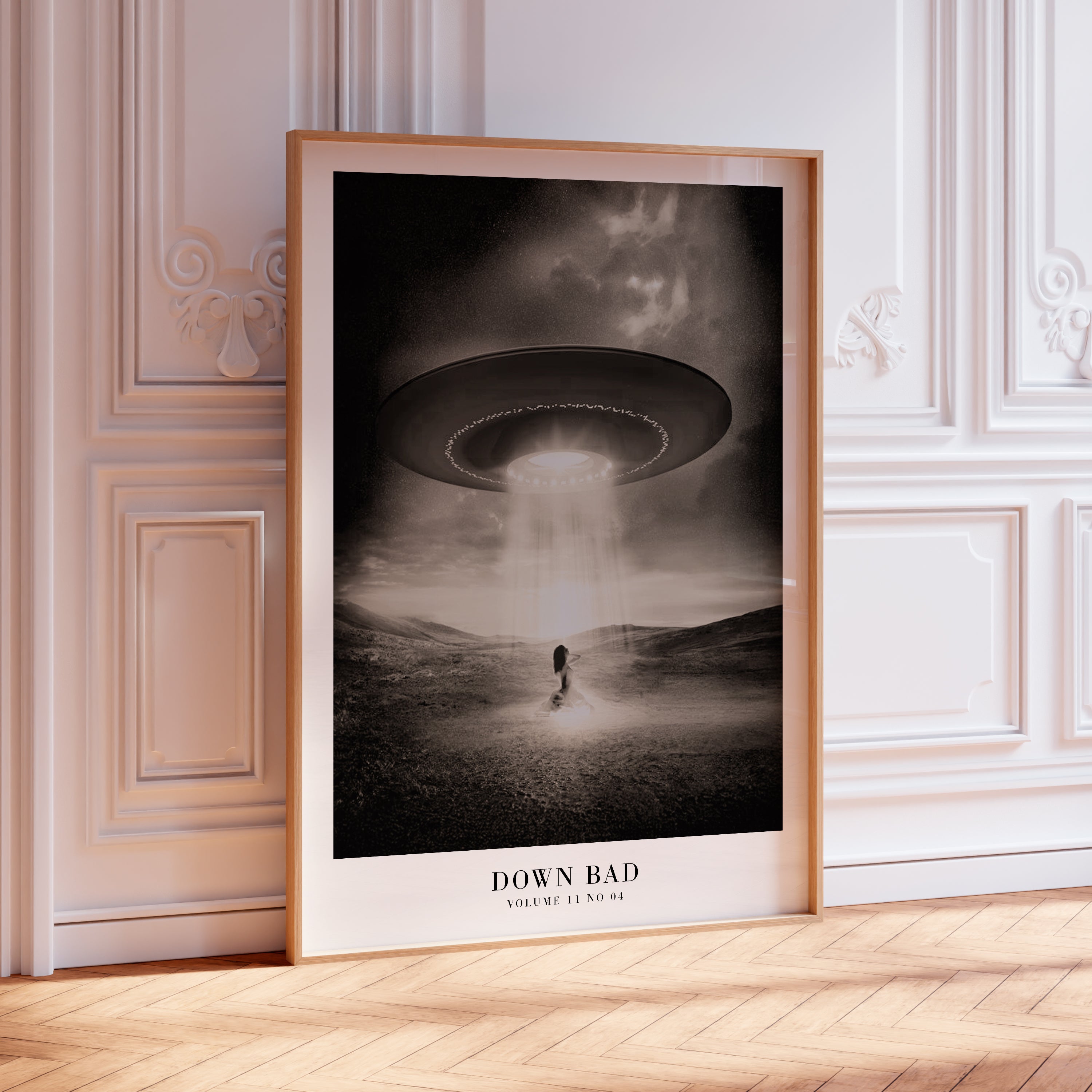 Down Bad Taylor Swift poster in monochrome sci-fi interior