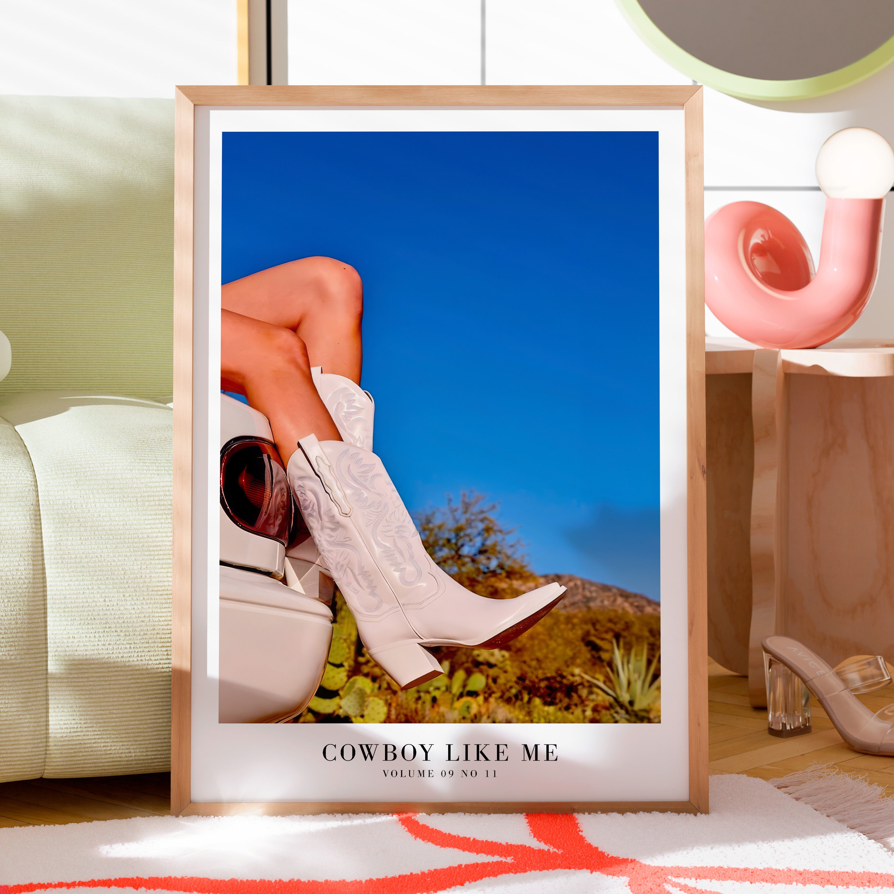 Cowboy Like Me white boots wall art in modern boho bedroom decor