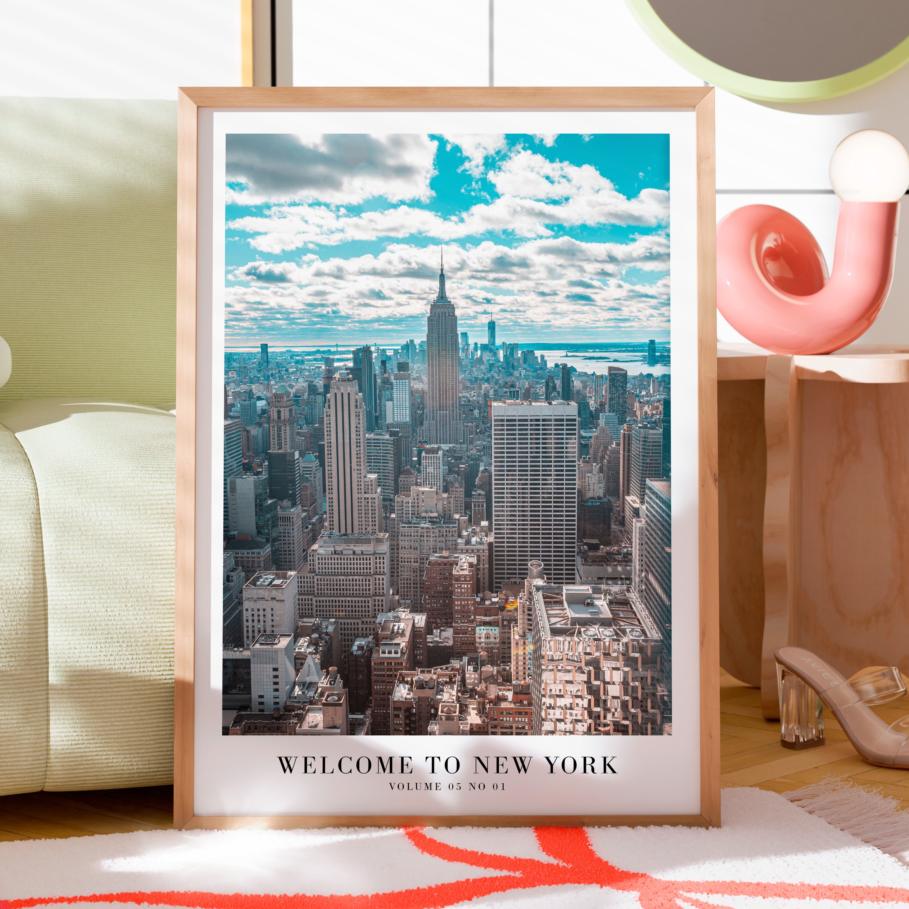 1989 Welcome to New York print in dreamy NYC-inspired interior