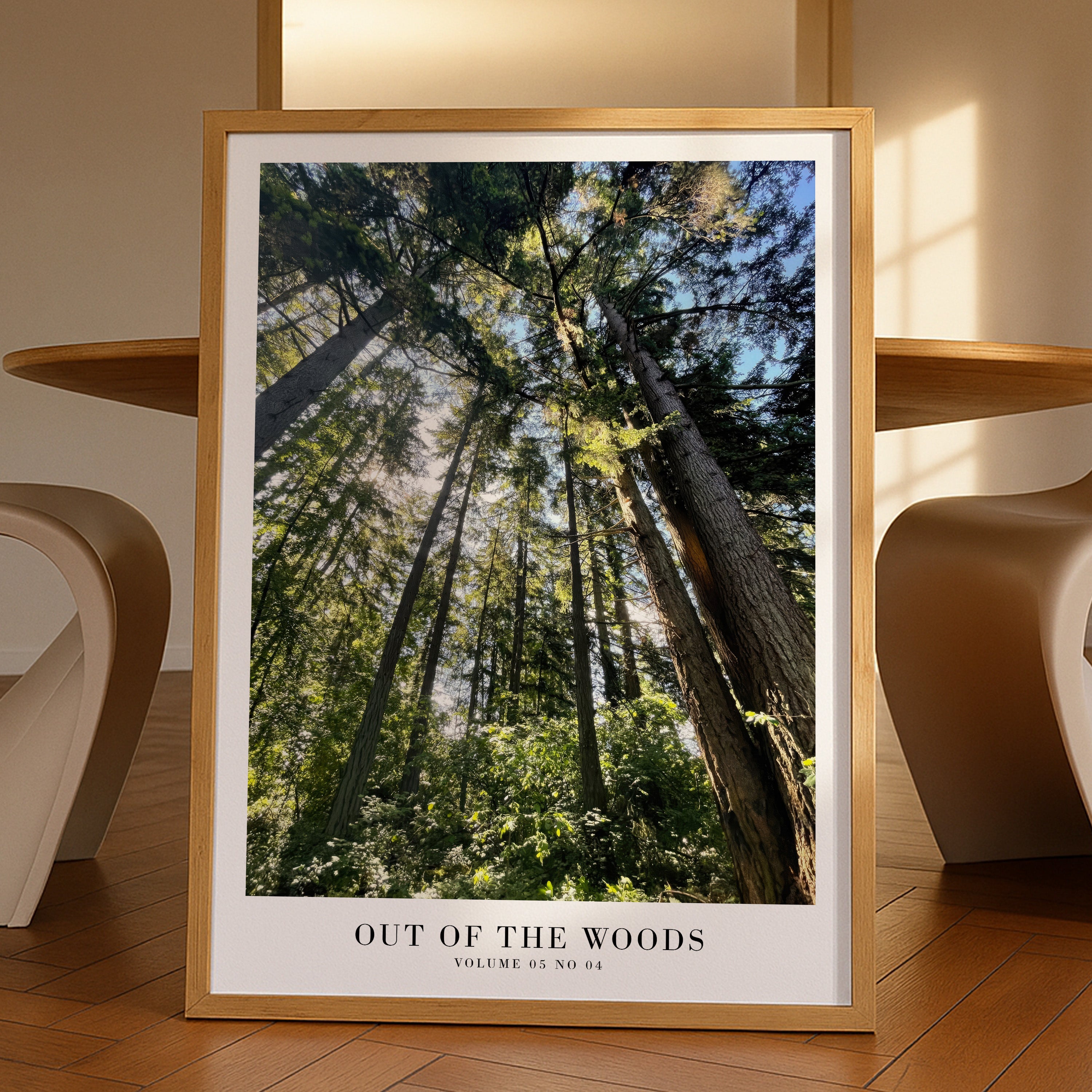 Out of the Woods 1989 pine forest poster in soft earthy bedroom