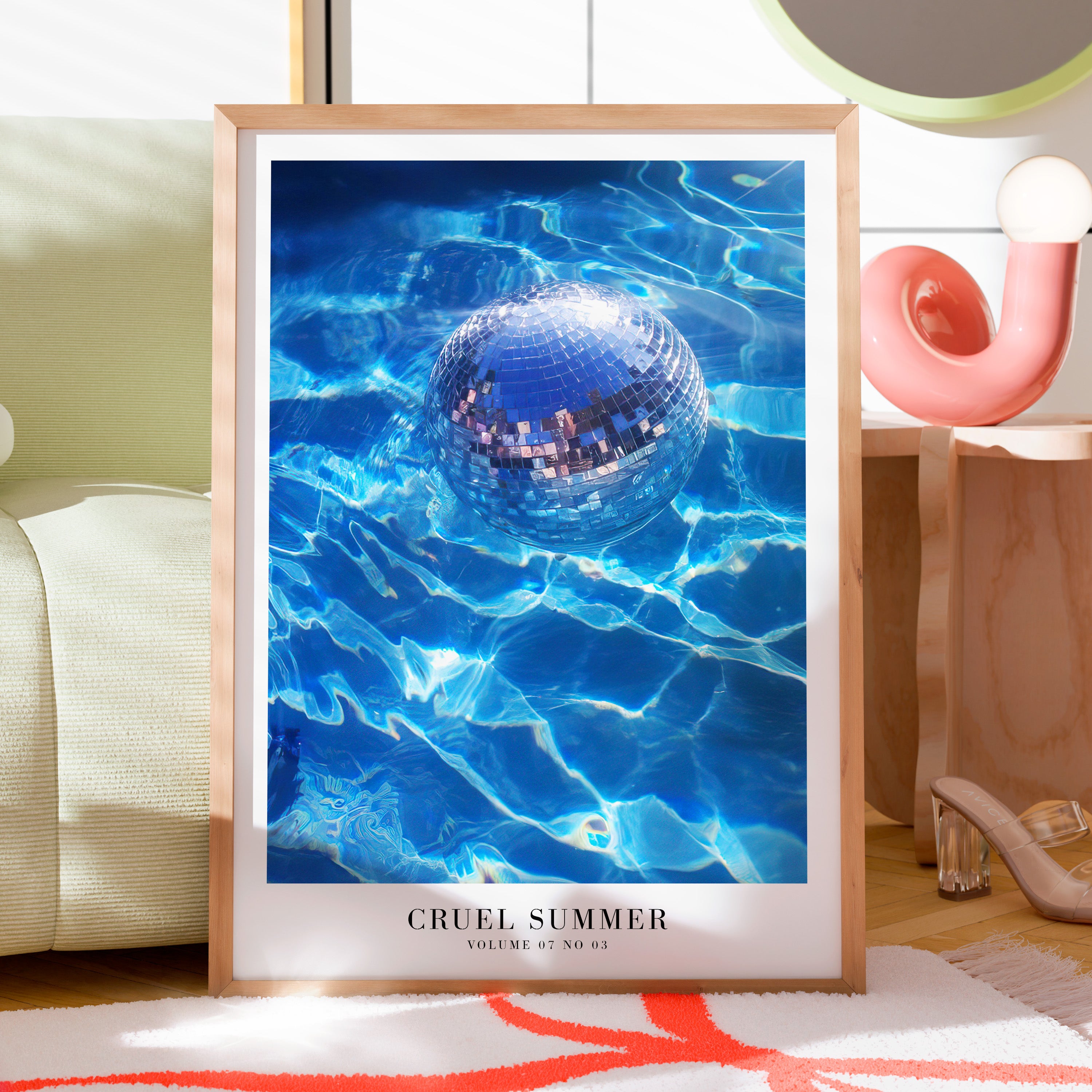 Cruel Summer disco pool print in glowing nightlife bedroom decor