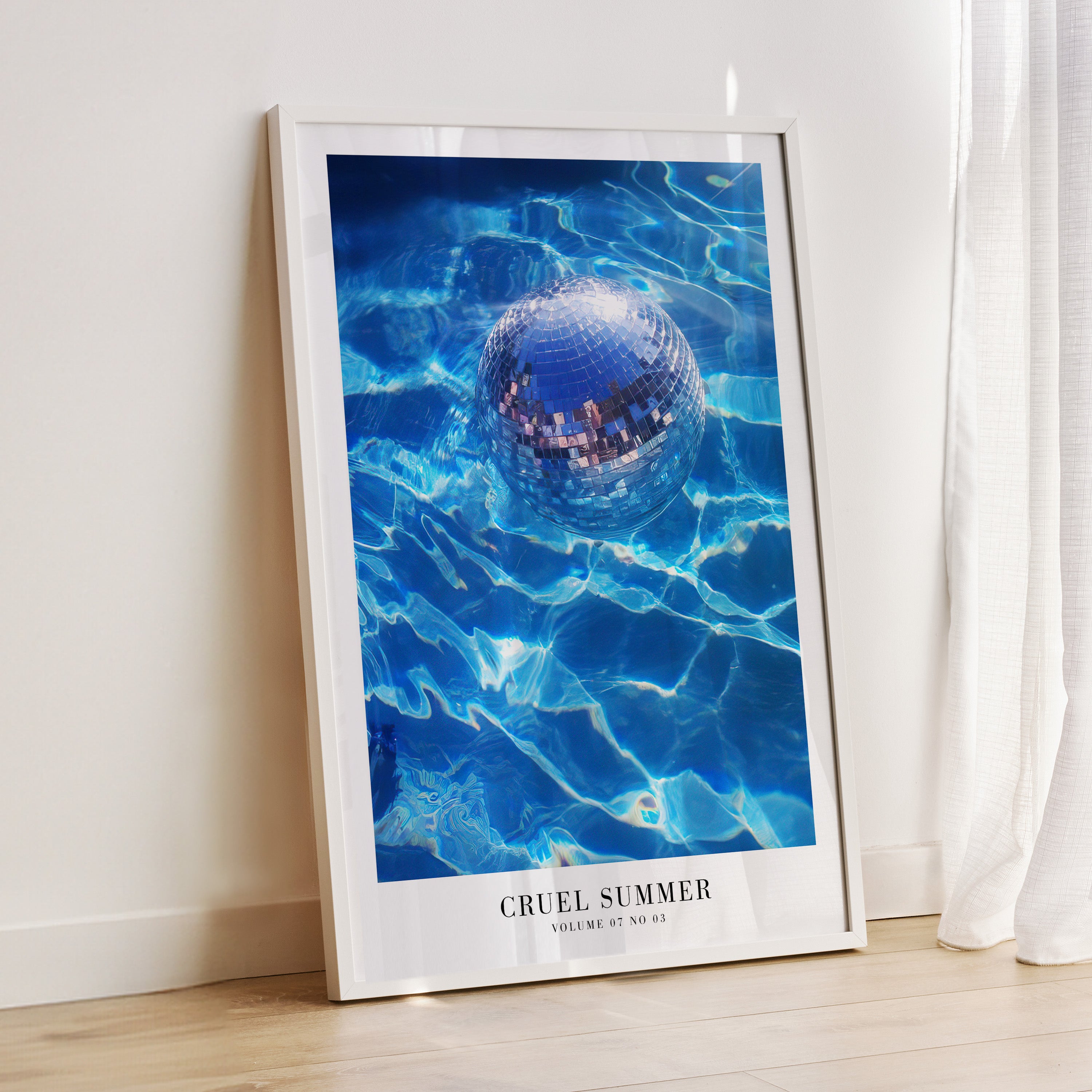 Cruel Summer Lover-era poster in dreamy blue pool aesthetic interior