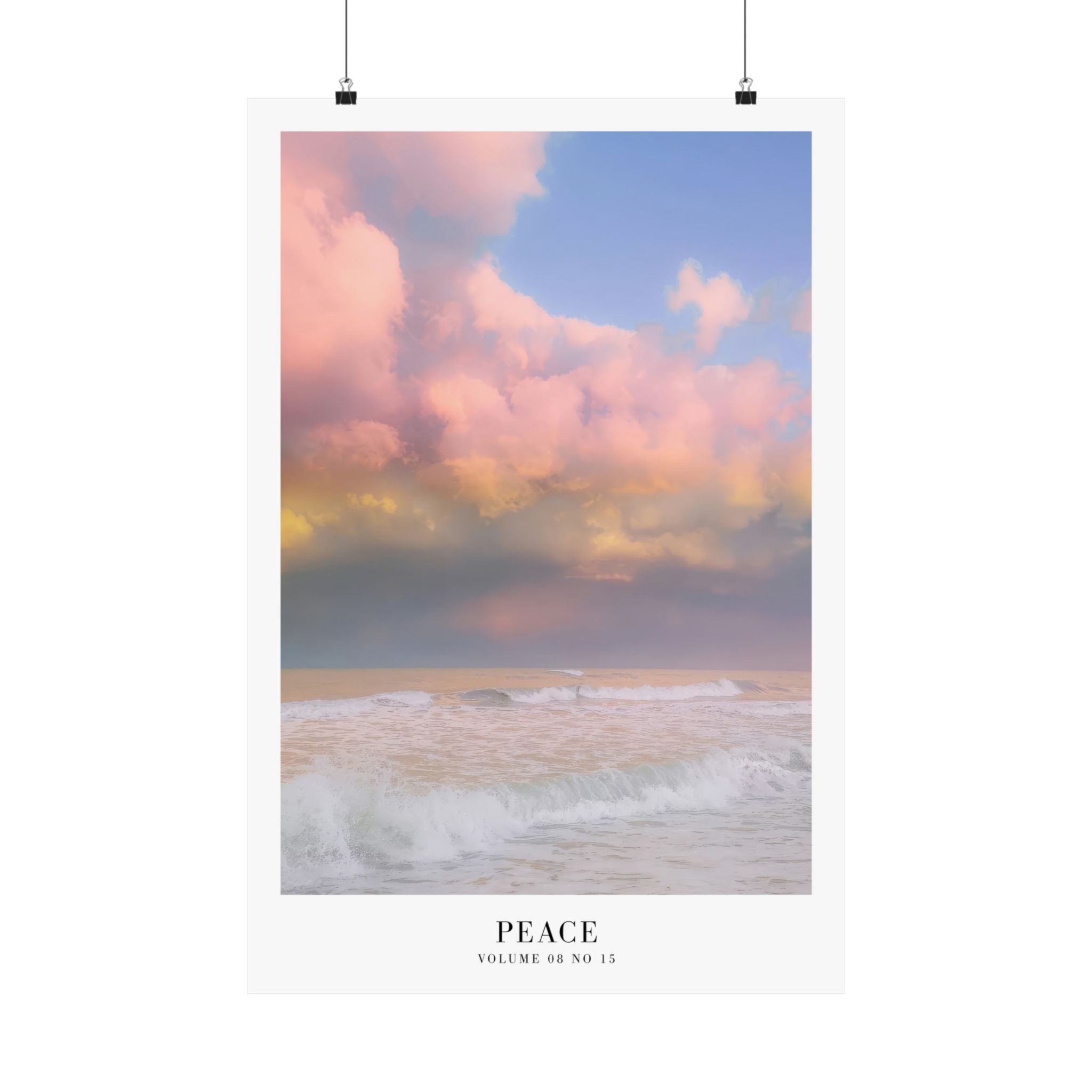 Peace Folklore poster styled in a coastal apartment living room