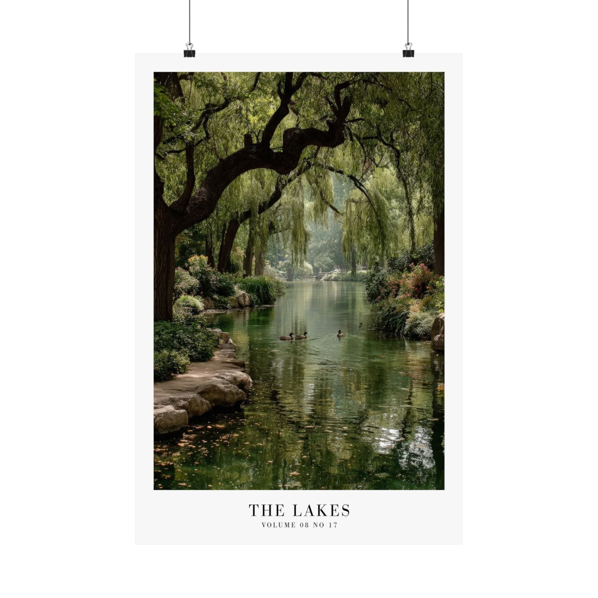 The Lakes Folklore poster styled in a romantic cottagecore home library